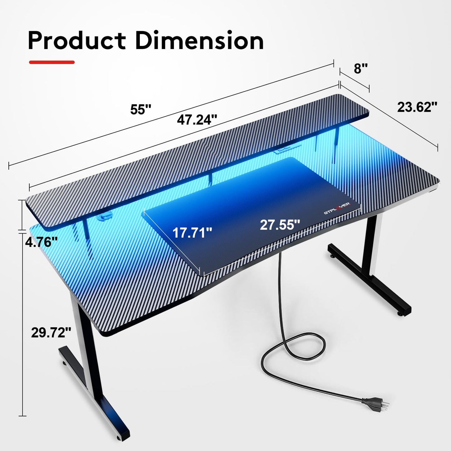 GTRACING 55 Inch Gaming Desk, Computer Gamer Desk with Monitor Stand, Ergonomic Carbon Fiber Surface Gaming Table with Power Outlet and Mouse Pad for Home Office, RGB - FocusAid Essentials: Empowering ADHD Living