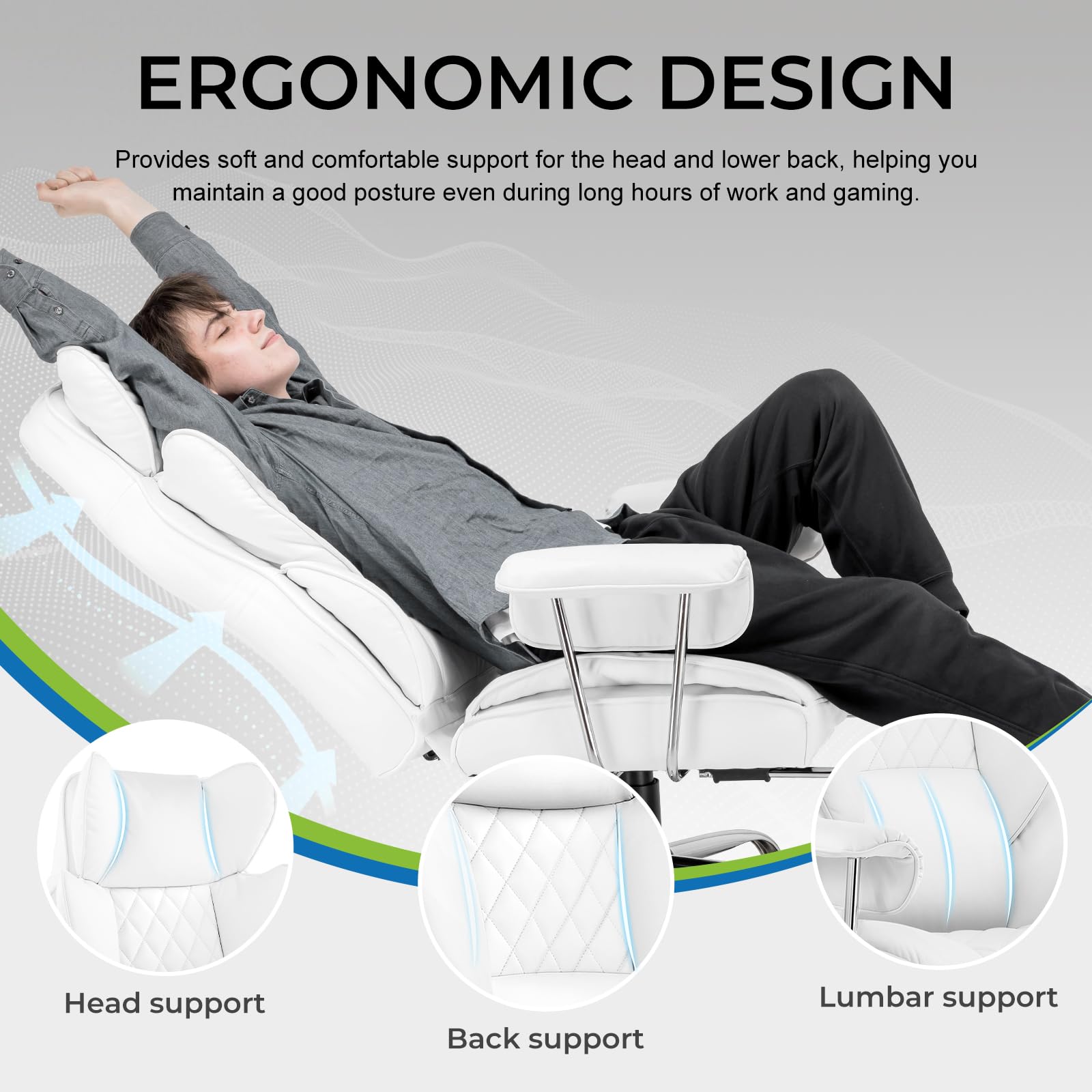 GTRACING Gaming Chair,Office Chair with Pocket Spring Lumbar Support, Ergonomic Comfortable Wide Office Desk Computer Chair with Outward Fixed Soft Armrests and Footrest (PU Leather, White) - FocusAid Essentials: Empowering ADHD Living