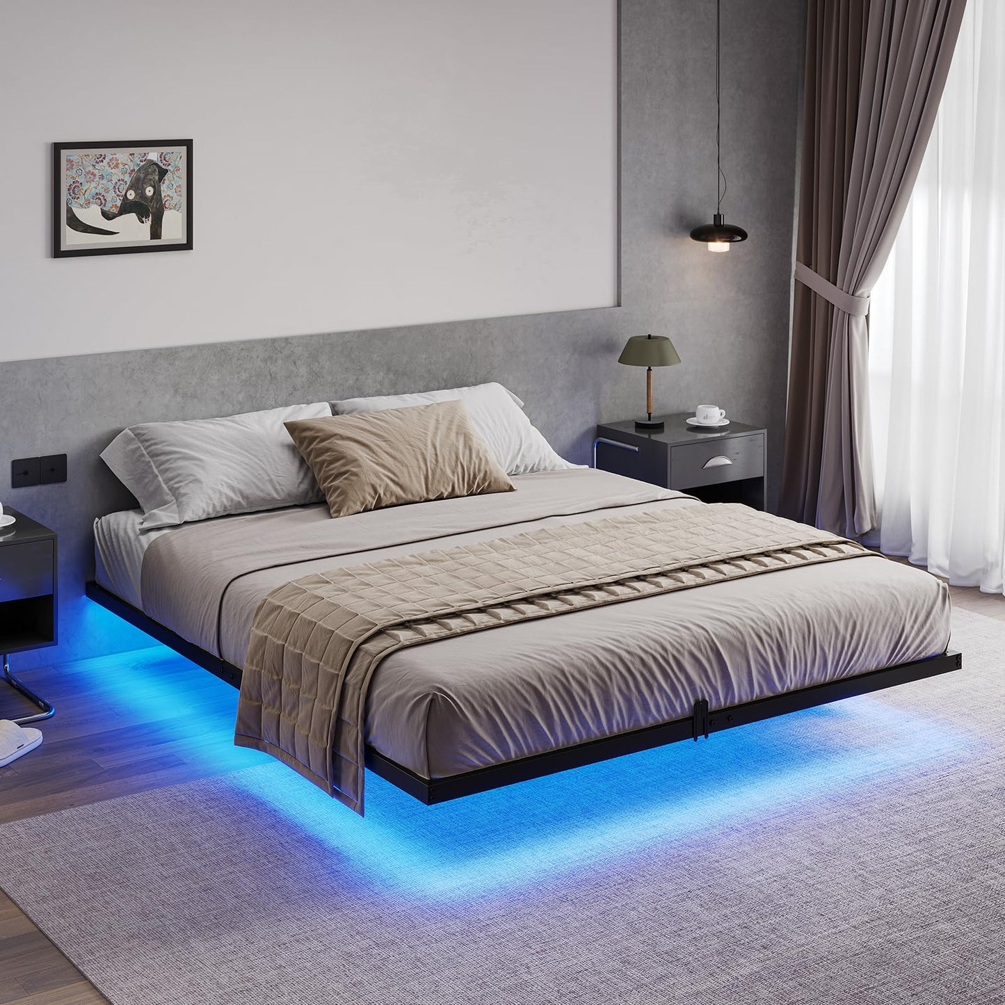 Hasuit Floating Bed Frame Queen Size with LED Lights, Metal Platform Queen Bed, No Box Spring Needed, Easy to Assemble (Queen) - FocusAid Essentials: Empowering ADHD Living