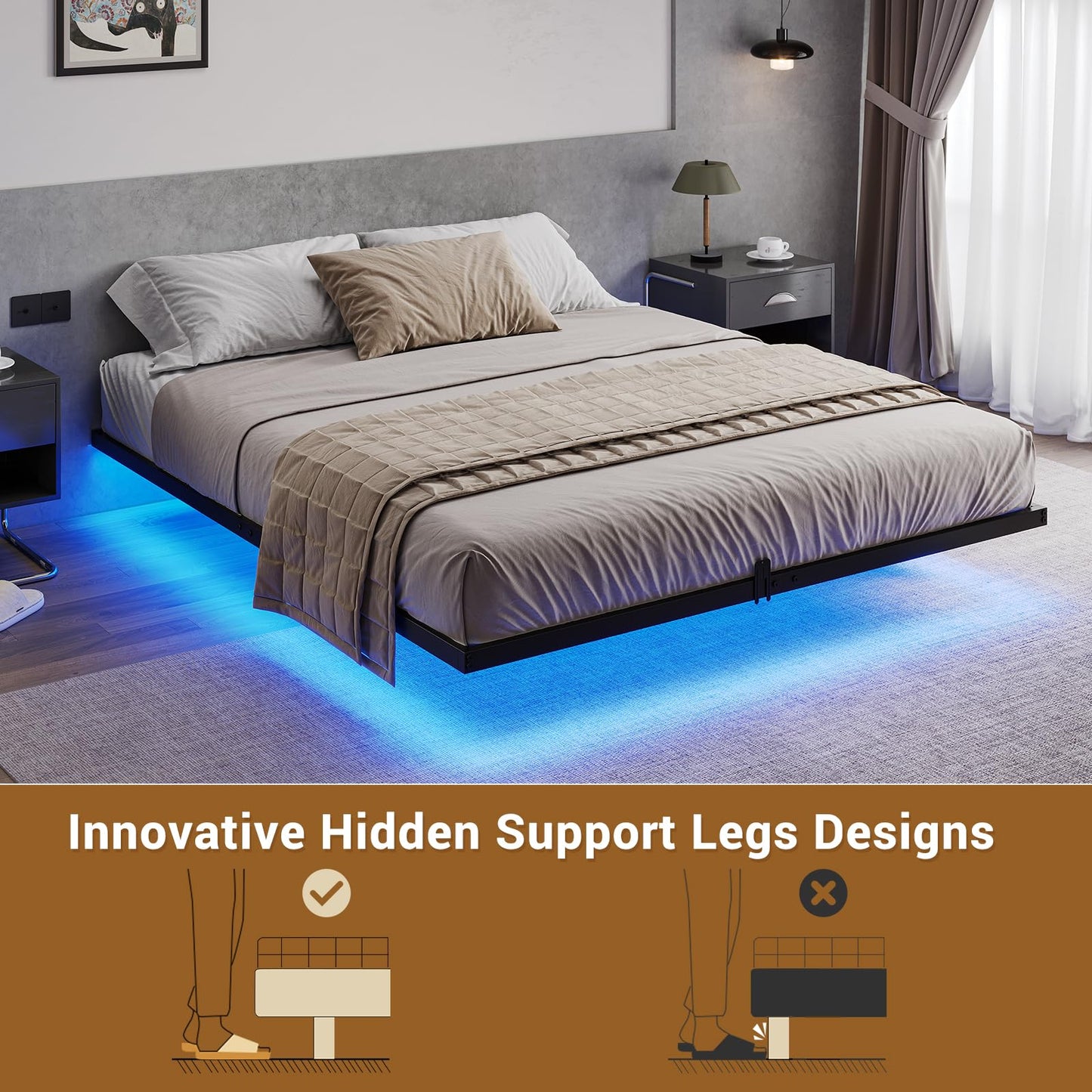 Hasuit Floating Bed Frame Queen Size with LED Lights, Metal Platform Queen Bed, No Box Spring Needed, Easy to Assemble (Queen) - FocusAid Essentials: Empowering ADHD Living