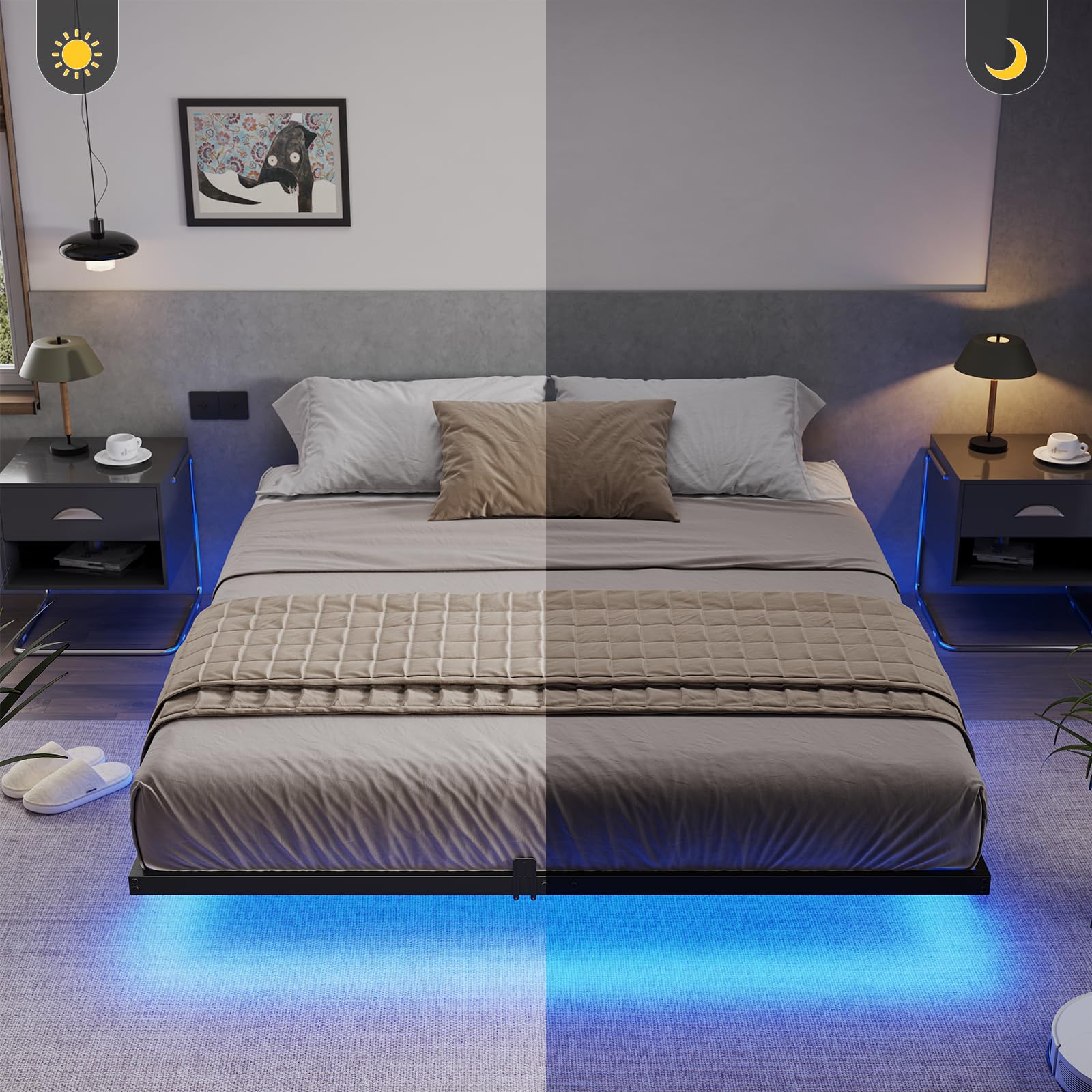 Hasuit Floating Bed Frame Queen Size with LED Lights, Metal Platform Queen Bed, No Box Spring Needed, Easy to Assemble (Queen) - FocusAid Essentials: Empowering ADHD Living