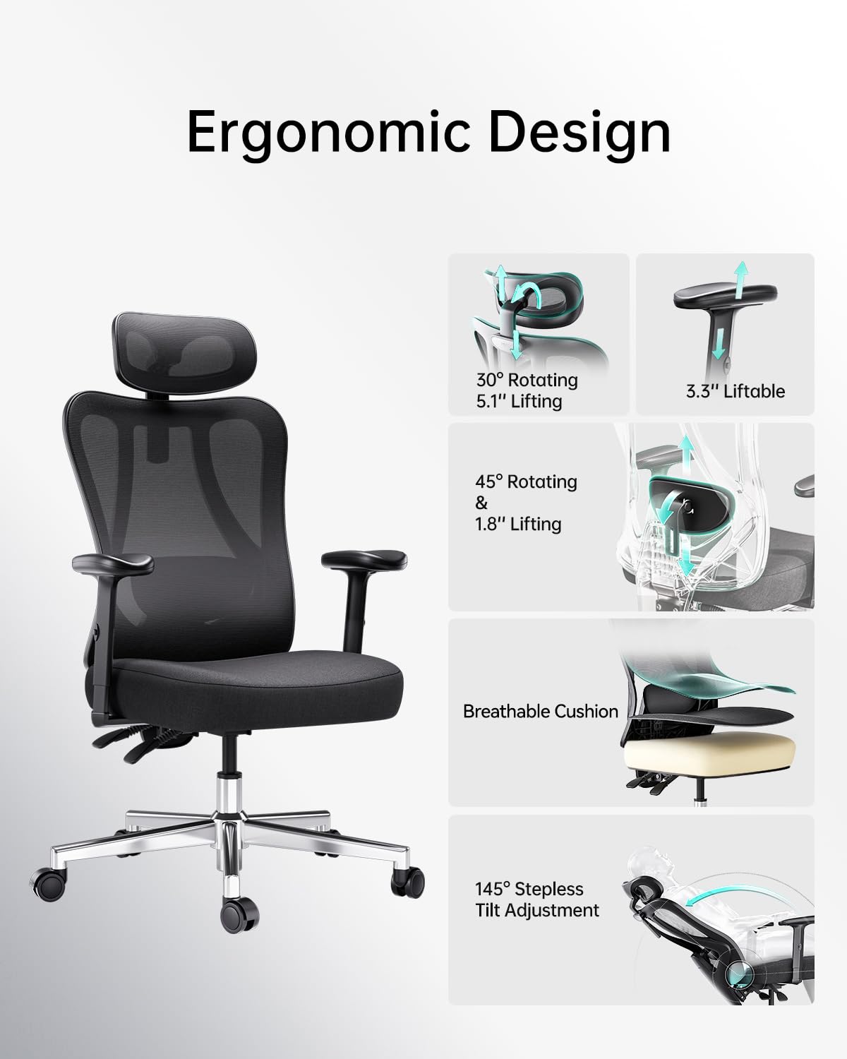 Hbada P3 Ergonnomic Office Chair with 2D Adjustable Lumbar Support, Office Chair with Adjustable Headrest and Armrest, 145° Stepless Tilt Function, Black(No Footrest) - FocusAid Essentials: Empowering ADHD Living