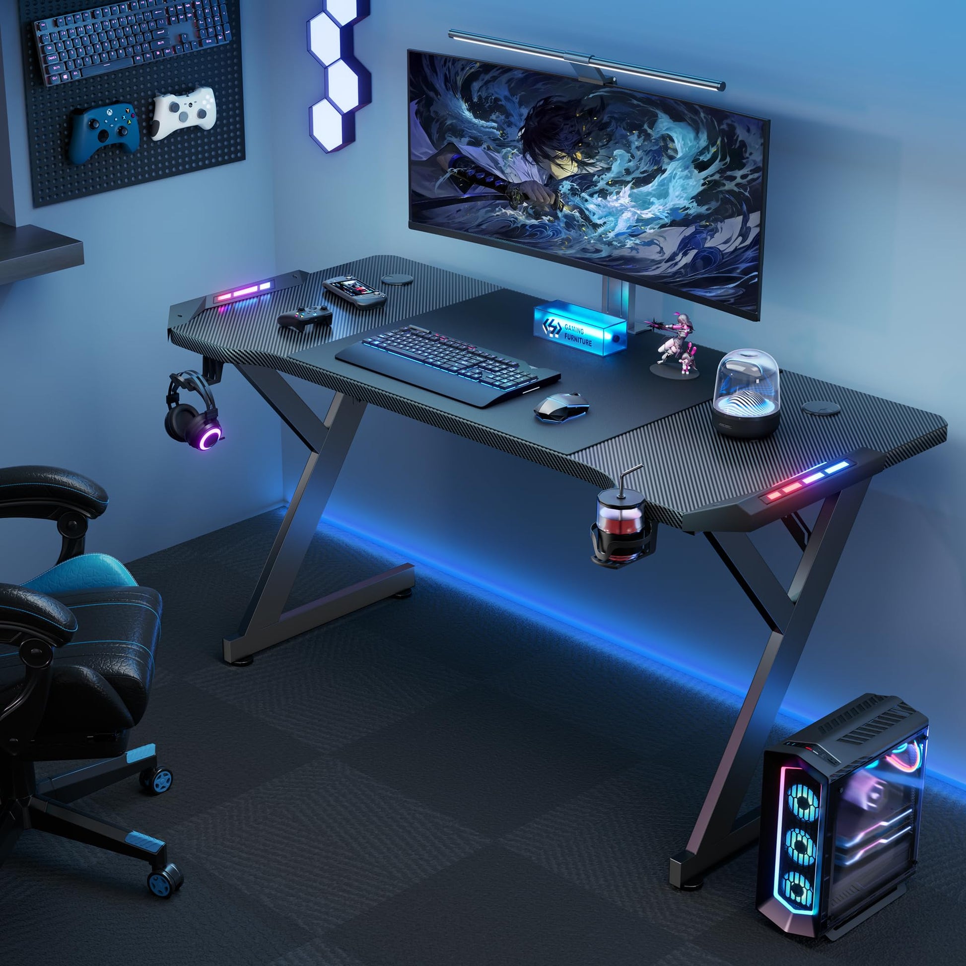 HLDIRECT 47 Inch Gaming Desk with LED Lights, Ergonomic Computer Table with Carbon Fibre Surface, Sturdy PC Workstation Desk for Home Office with Headphone Hook, Cup Holder, Black - FocusAid Essentials: Empowering ADHD Living