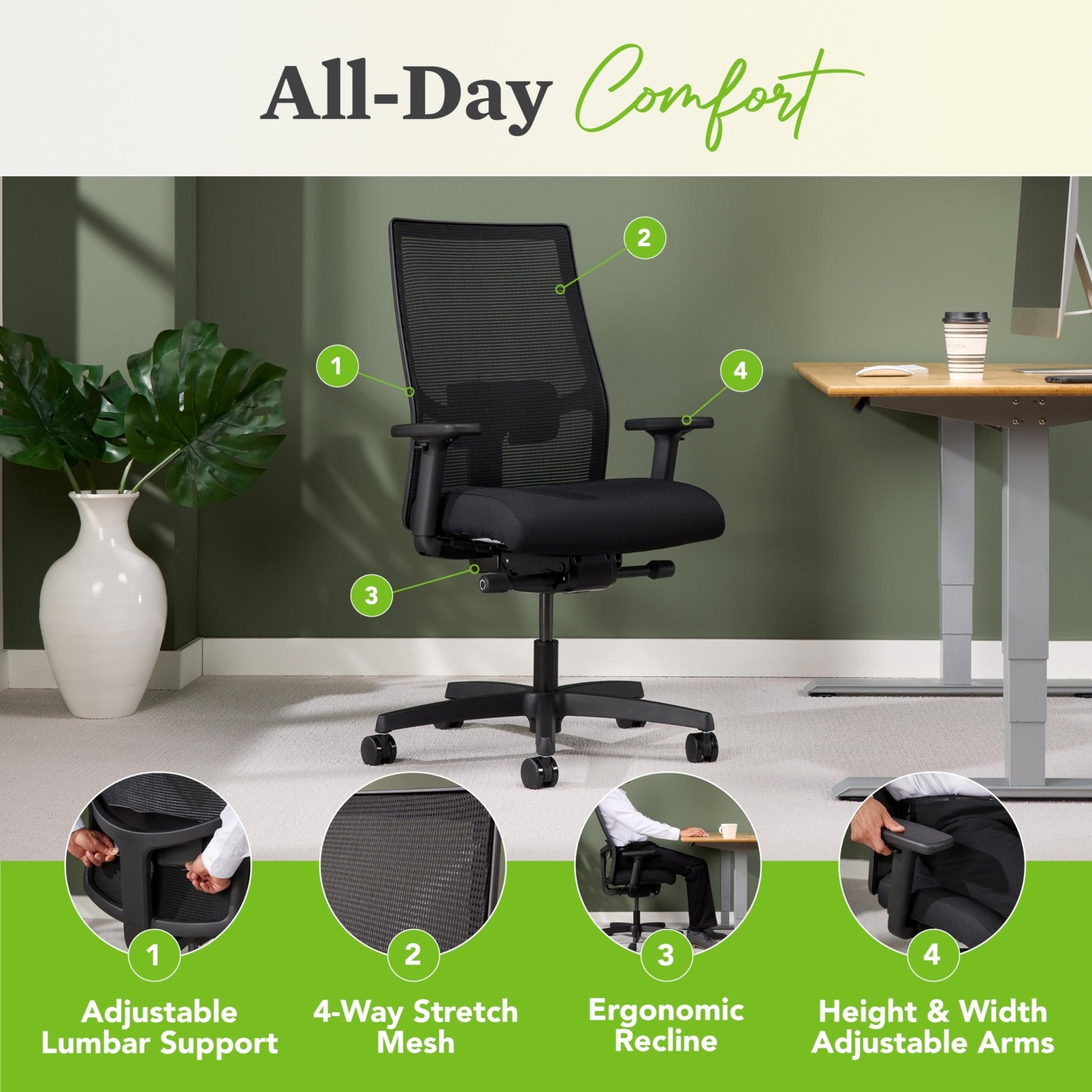 HON Ignition 2.0 Ergonomic Office Chair - Adjustable Tilt, Swivel Wheels, Comfortable for Long Hours - Home Office Desk Chair - FocusAid Essentials: Empowering ADHD Living