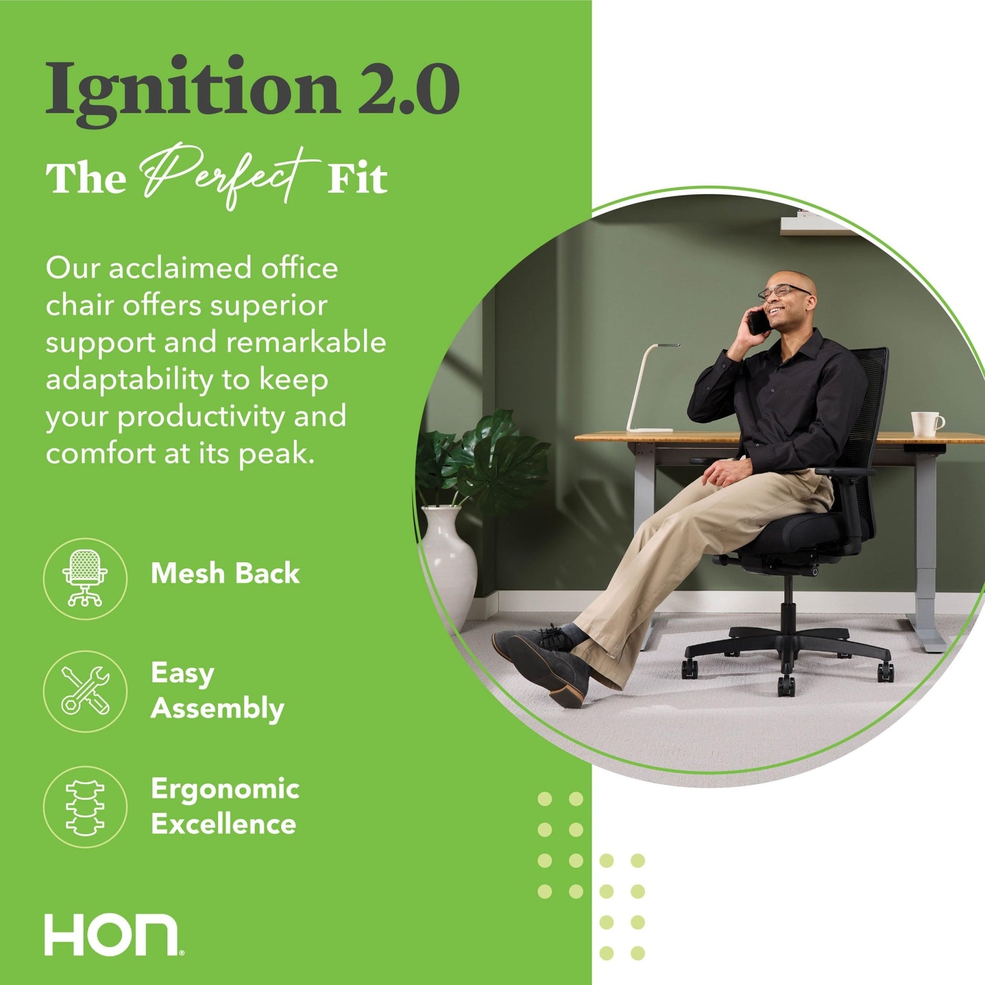 HON Ignition 2.0 Ergonomic Office Chair - Adjustable Tilt, Swivel Wheels, Comfortable for Long Hours - Home Office Desk Chair - FocusAid Essentials: Empowering ADHD Living