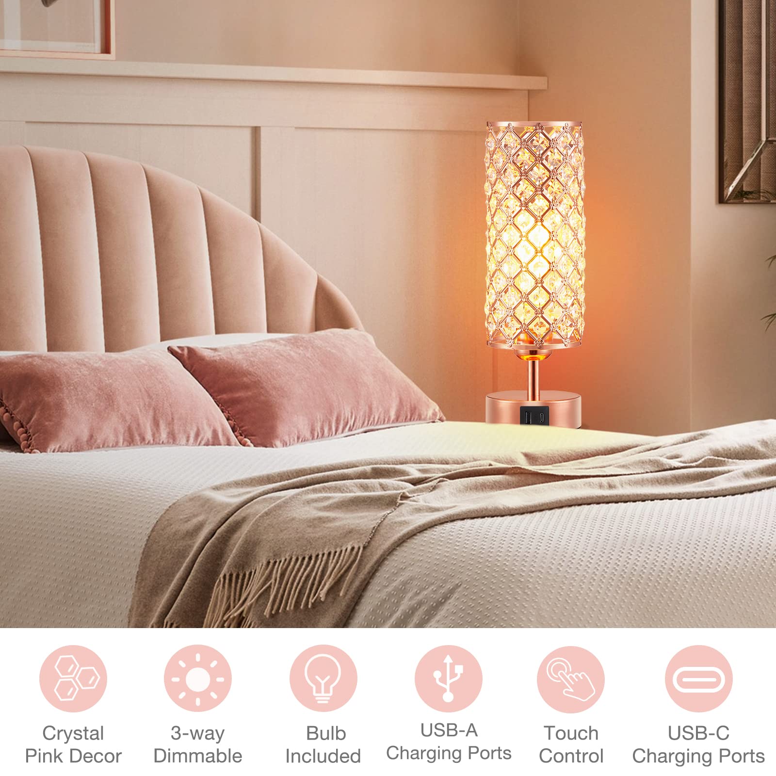 Hong - in Crystal Table Lamp, Rose Gold Lamp with USB C+A Ports, 3 Way Dimmable Touch Lamp with Crystal Shade, Bedside Nightstand Small Lamp for Living Room Bedroom Home Office (Bulb Included) - FocusAid Essentials: Empowering ADHD Living