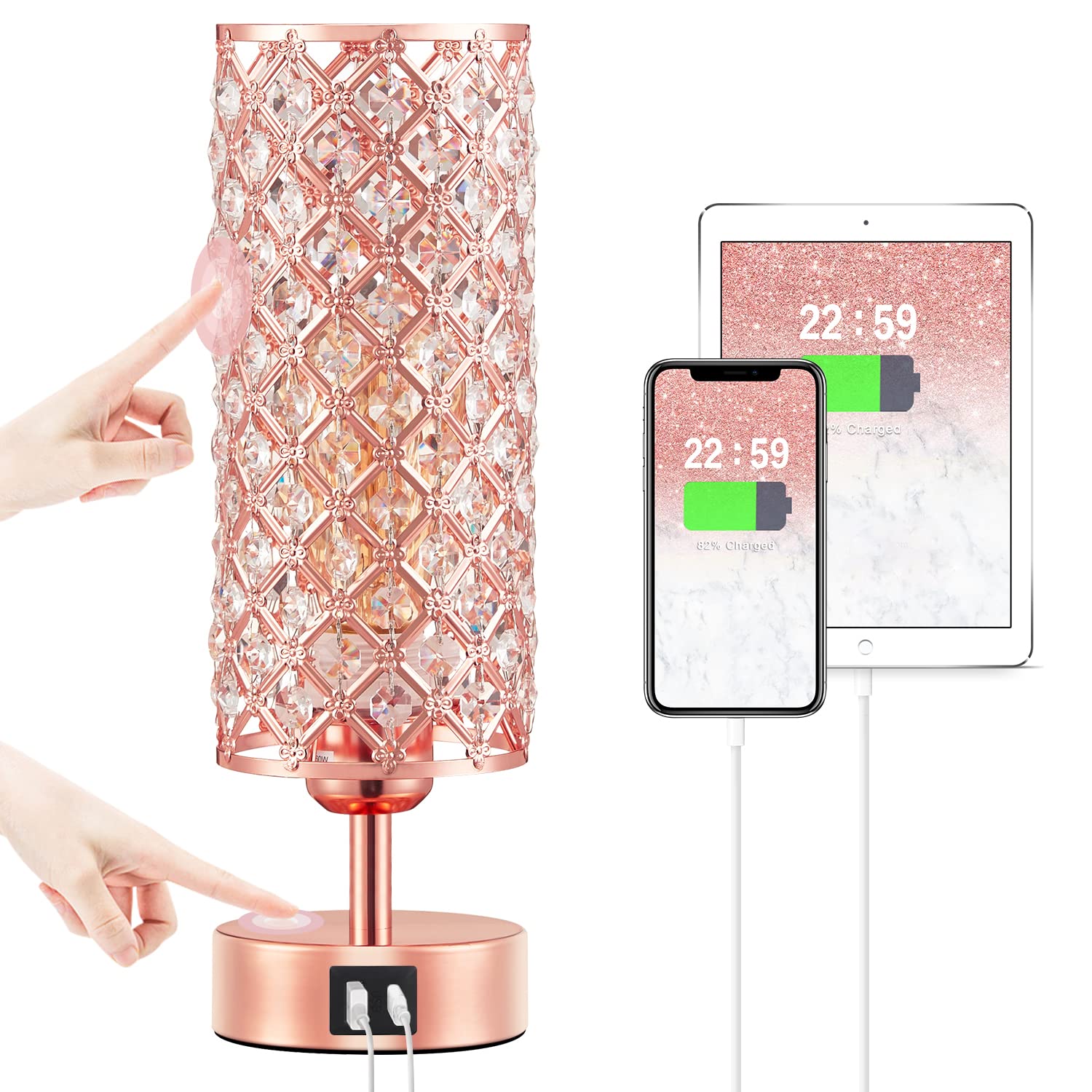 Hong - in Crystal Table Lamp, Rose Gold Lamp with USB C+A Ports, 3 Way Dimmable Touch Lamp with Crystal Shade, Bedside Nightstand Small Lamp for Living Room Bedroom Home Office (Bulb Included) - FocusAid Essentials: Empowering ADHD Living