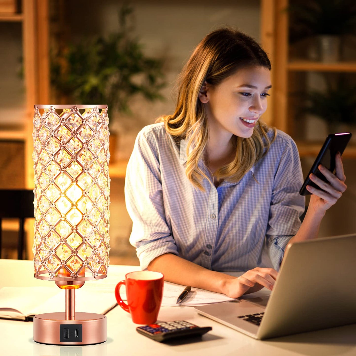 Hong - in Crystal Table Lamp, Rose Gold Lamp with USB C+A Ports, 3 Way Dimmable Touch Lamp with Crystal Shade, Bedside Nightstand Small Lamp for Living Room Bedroom Home Office (Bulb Included) - FocusAid Essentials: Empowering ADHD Living