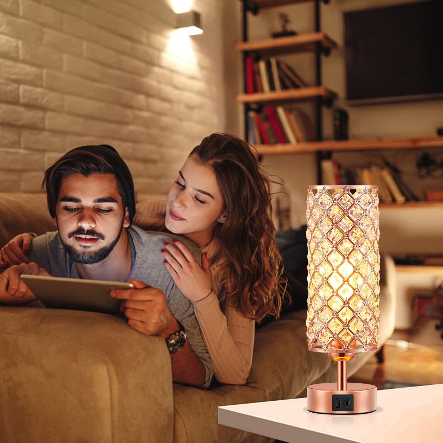 Hong - in Crystal Table Lamp, Rose Gold Lamp with USB C+A Ports, 3 Way Dimmable Touch Lamp with Crystal Shade, Bedside Nightstand Small Lamp for Living Room Bedroom Home Office (Bulb Included) - FocusAid Essentials: Empowering ADHD Living