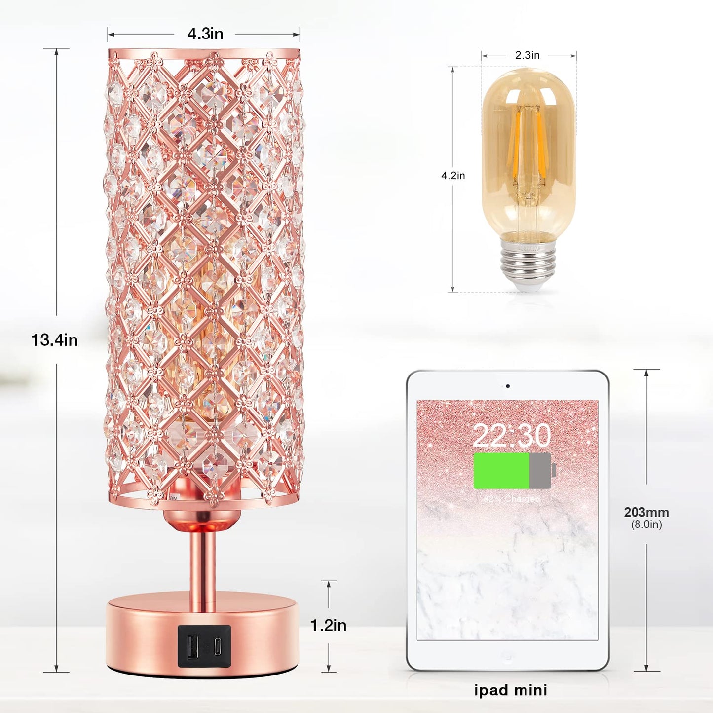 Hong - in Crystal Table Lamp, Rose Gold Lamp with USB C+A Ports, 3 Way Dimmable Touch Lamp with Crystal Shade, Bedside Nightstand Small Lamp for Living Room Bedroom Home Office (Bulb Included) - FocusAid Essentials: Empowering ADHD Living