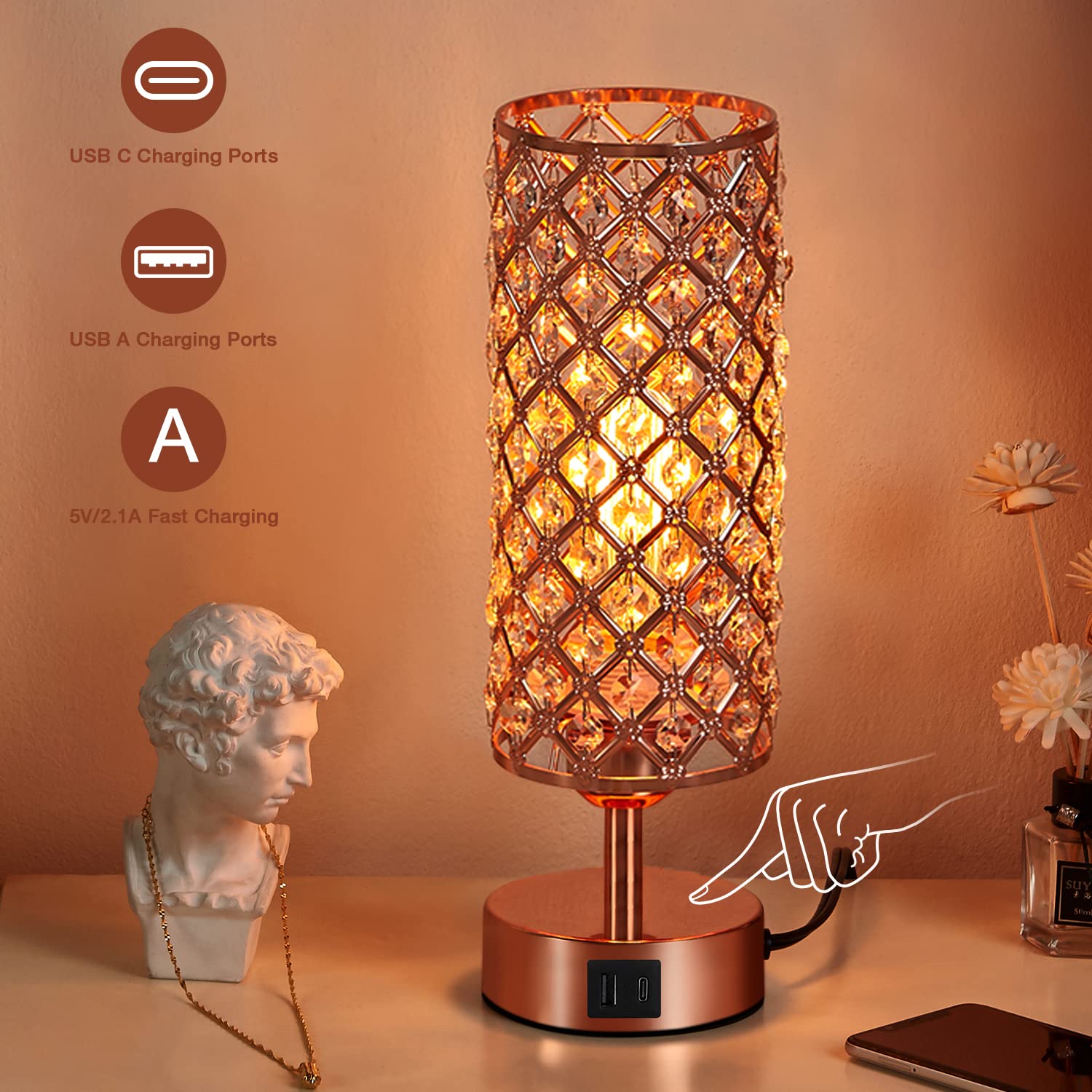 Hong - in Crystal Table Lamp, Rose Gold Lamp with USB C+A Ports, 3 Way Dimmable Touch Lamp with Crystal Shade, Bedside Nightstand Small Lamp for Living Room Bedroom Home Office (Bulb Included) - FocusAid Essentials: Empowering ADHD Living