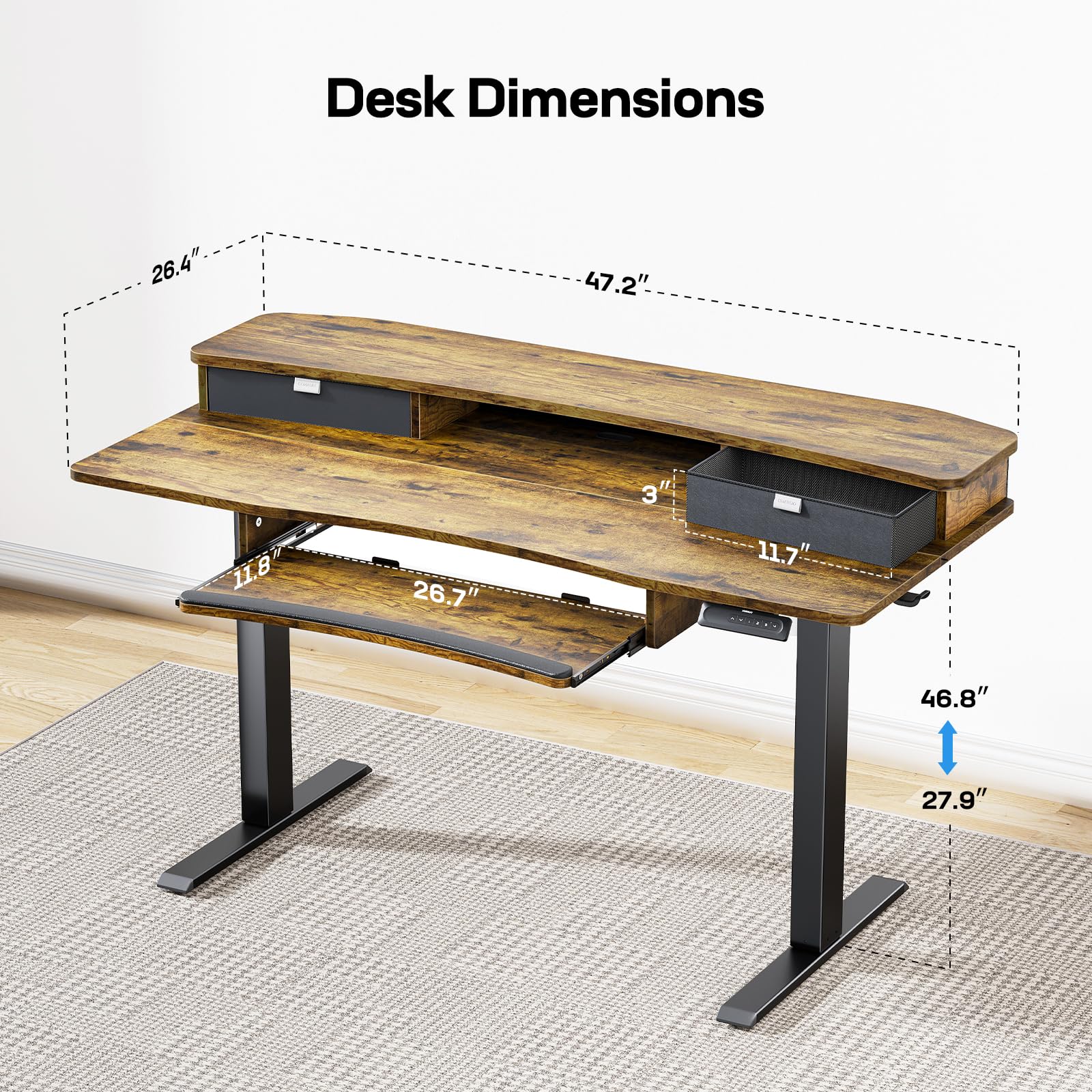 HUANUO 48" x 26" Electric Standing Desk with 2 Drawers & 26.7" Large Keyboard Tray, C - Clamp Mount Compatible, Adjustable Computer Desk for Home Office, Stand Up Desk with 4 Height Presets, Vintage - FocusAid Essentials: Empowering ADHD Living