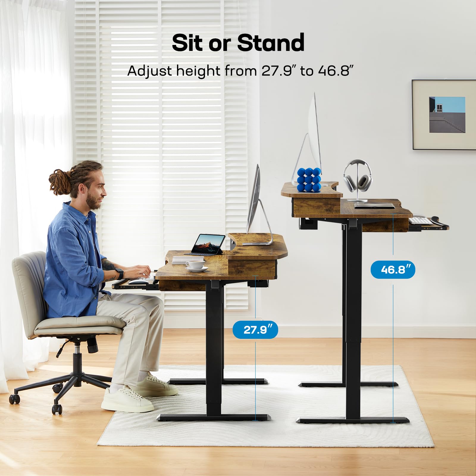 HUANUO 48" x 26" Electric Standing Desk with 2 Drawers & 26.7" Large Keyboard Tray, C - Clamp Mount Compatible, Adjustable Computer Desk for Home Office, Stand Up Desk with 4 Height Presets, Vintage - FocusAid Essentials: Empowering ADHD Living