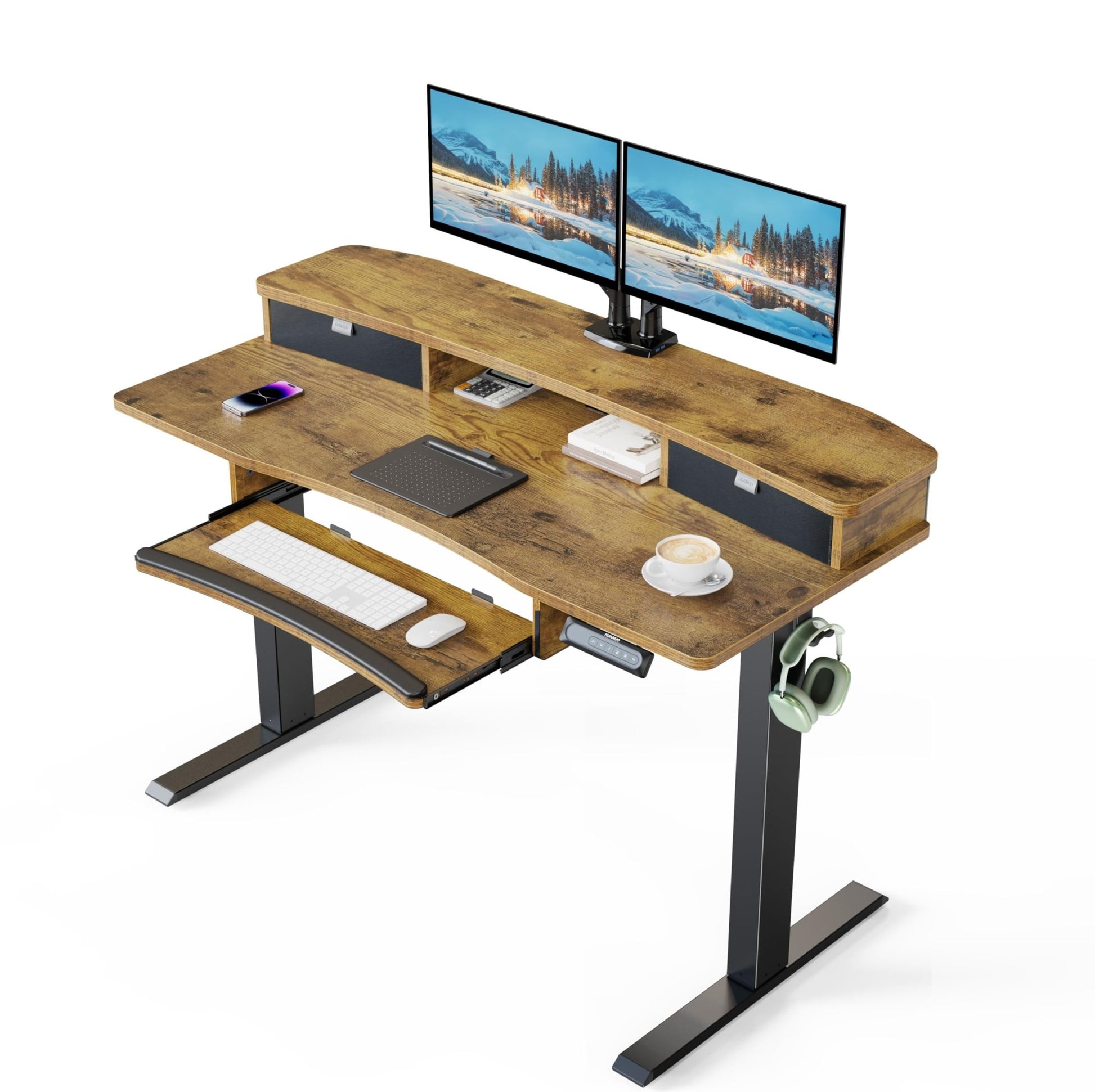 HUANUO 48" x 26" Electric Standing Desk with 2 Drawers & 26.7" Large Keyboard Tray, C - Clamp Mount Compatible, Adjustable Computer Desk for Home Office, Stand Up Desk with 4 Height Presets, Vintage - FocusAid Essentials: Empowering ADHD Living