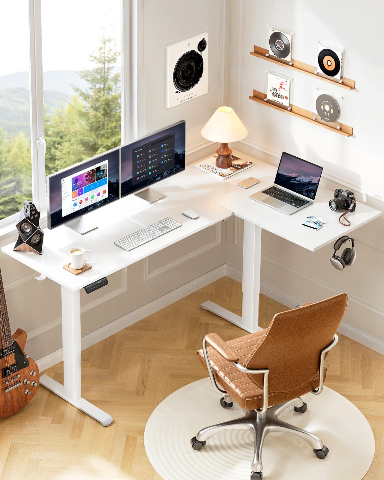 HUANUO L - Shaped Standing Desk, 71 x 48 inch Dual Motor Corner Standing Desk, Electric Height Adjustable Computer Desk with Cable Tray & 3 Preset Heights, Raising Desk for Home Office, White, HNESD110 - FocusAid Essentials: Empowering ADHD Living