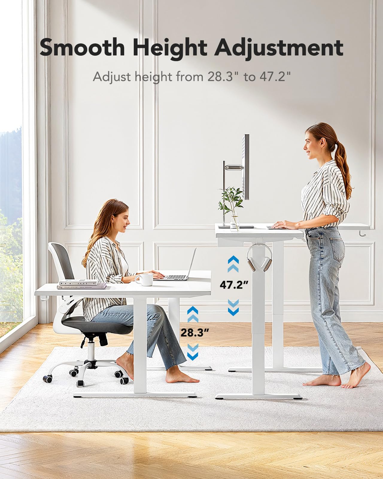 HUANUO L - Shaped Standing Desk, 71 x 48 inch Dual Motor Corner Standing Desk, Electric Height Adjustable Computer Desk with Cable Tray & 3 Preset Heights, Raising Desk for Home Office, White, HNESD110 - FocusAid Essentials: Empowering ADHD Living