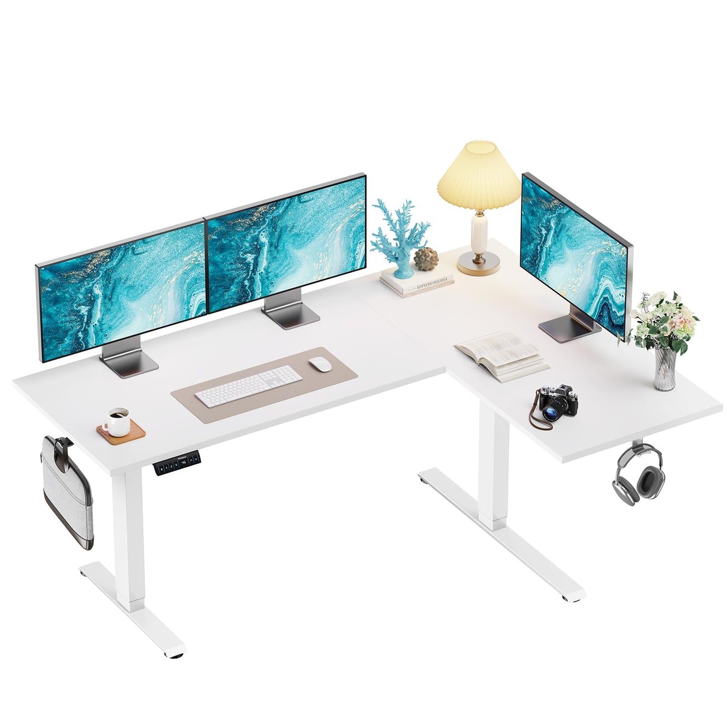 HUANUO L - Shaped Standing Desk, 71 x 48 inch Dual Motor Corner Standing Desk, Electric Height Adjustable Computer Desk with Cable Tray & 3 Preset Heights, Raising Desk for Home Office, White, HNESD110 - FocusAid Essentials: Empowering ADHD Living