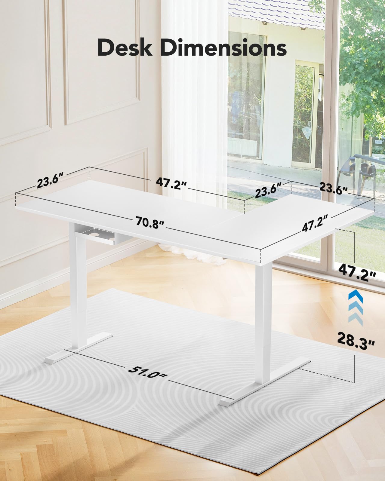 HUANUO L - Shaped Standing Desk, 71 x 48 inch Dual Motor Corner Standing Desk, Electric Height Adjustable Computer Desk with Cable Tray & 3 Preset Heights, Raising Desk for Home Office, White, HNESD110 - FocusAid Essentials: Empowering ADHD Living