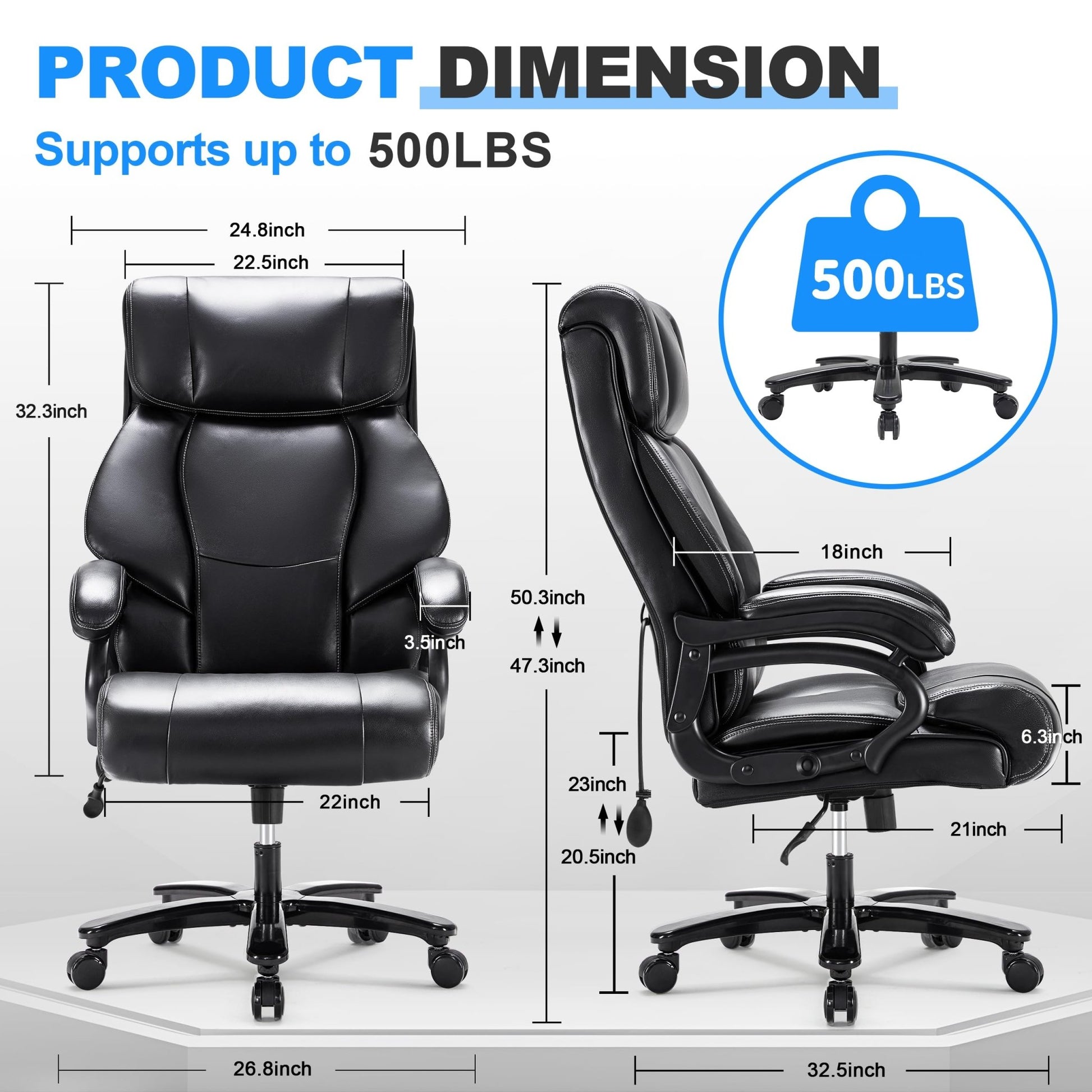 Huatean Home Big and Tall Office Chair 500LBS, Executive Office Chair for Heavy People, Heavy Duty Office Chair for Long Hours, Breathable Leather Ergonomic Office Chair for Back Pain Relief, Black - FocusAid Essentials: Empowering ADHD Living