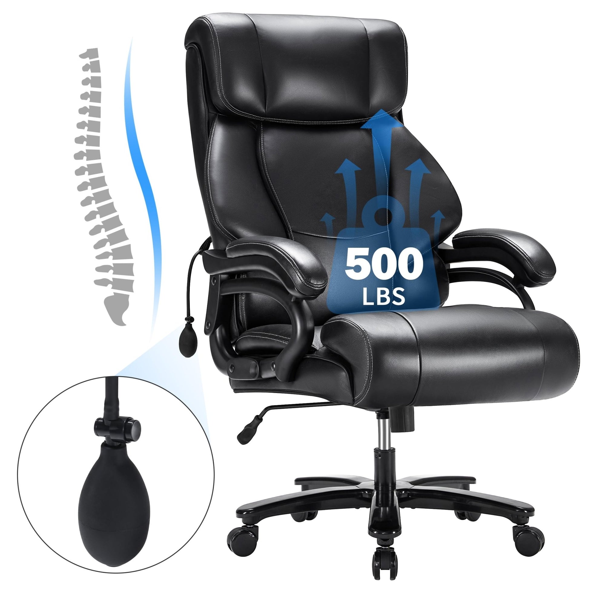 Huatean Home Big and Tall Office Chair 500LBS, Executive Office Chair for Heavy People, Heavy Duty Office Chair for Long Hours, Breathable Leather Ergonomic Office Chair for Back Pain Relief, Black - FocusAid Essentials: Empowering ADHD Living