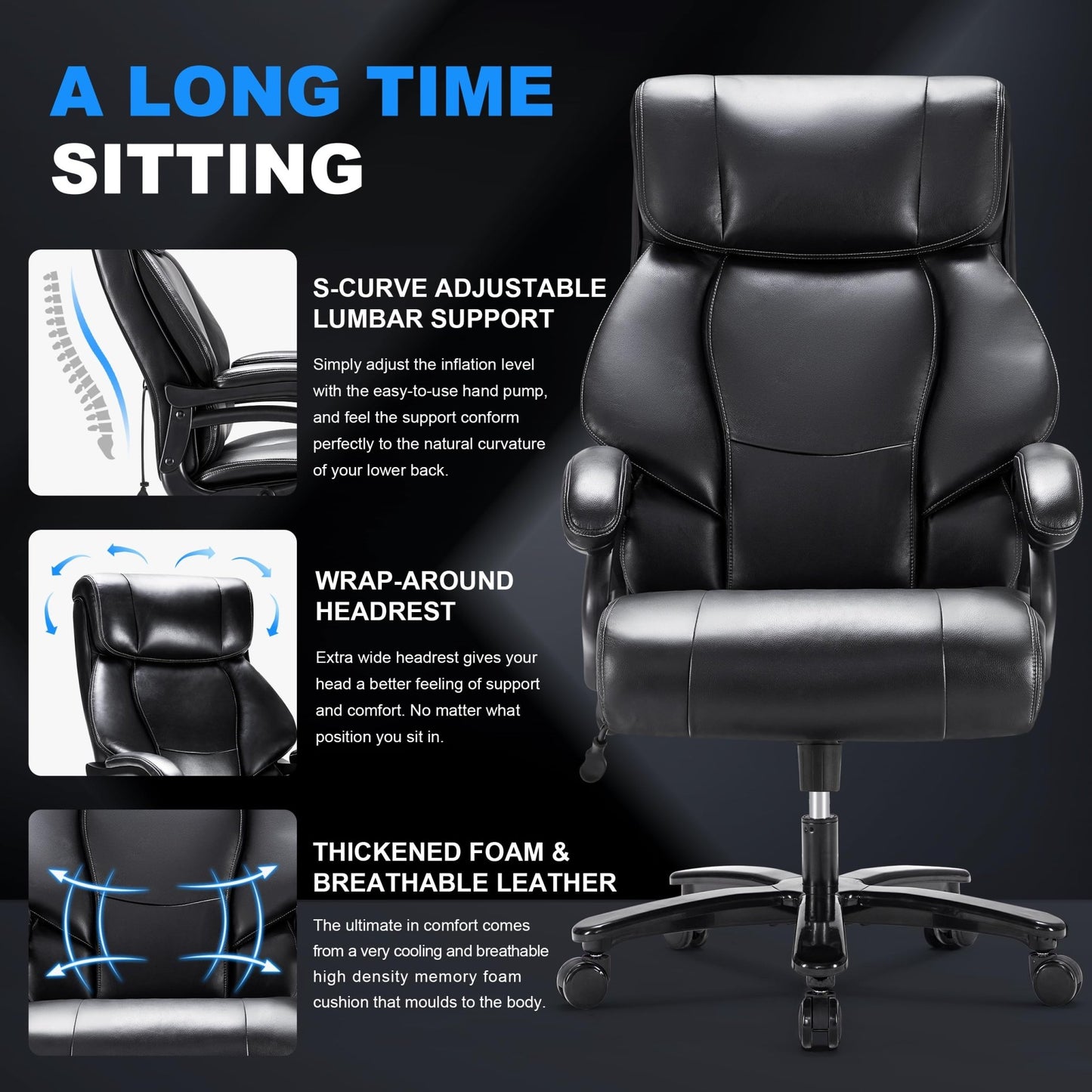 Huatean Home Big and Tall Office Chair 500LBS, Executive Office Chair for Heavy People, Heavy Duty Office Chair for Long Hours, Breathable Leather Ergonomic Office Chair for Back Pain Relief, Black - FocusAid Essentials: Empowering ADHD Living