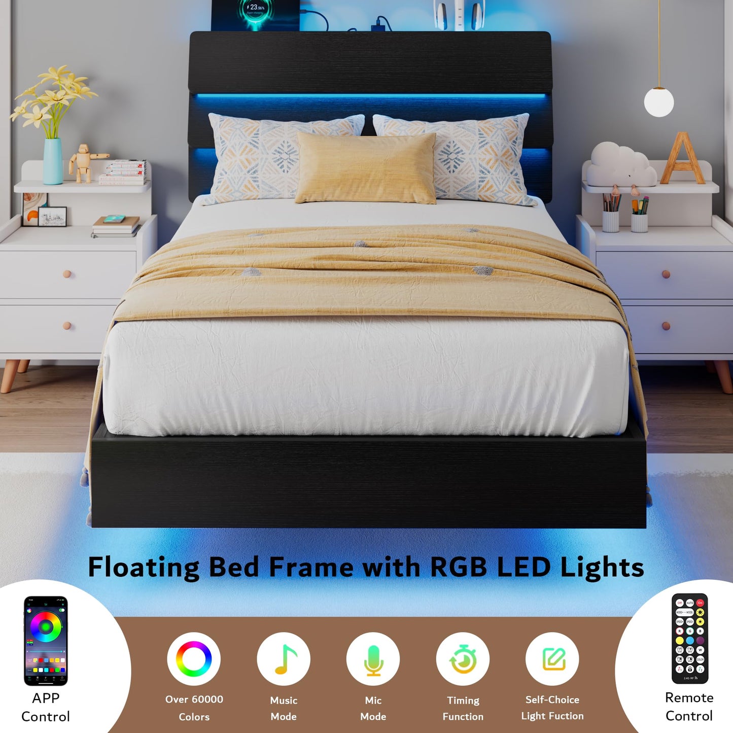 iPormis Floating Twin Bed Frame with LED Lights & Charging Station, Platform Bed with Wooden Storage Headboard, Steel Slats Support, No Box Spring Needed, Easy Assembly, Noise - Free, Black - FocusAid Essentials: Empowering ADHD Living