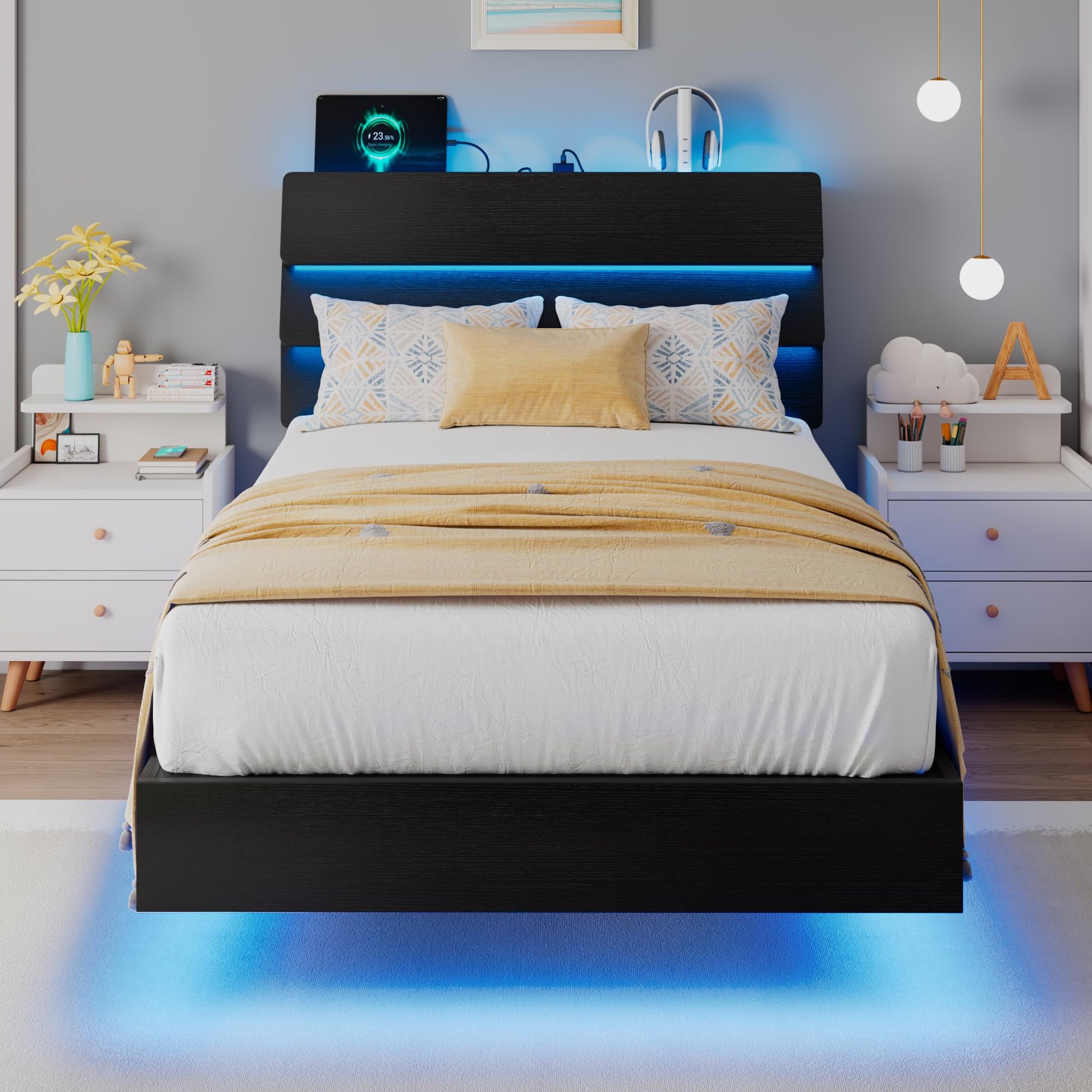 iPormis Floating Twin Bed Frame with LED Lights & Charging Station, Platform Bed with Wooden Storage Headboard, Steel Slats Support, No Box Spring Needed, Easy Assembly, Noise - Free, Black - FocusAid Essentials: Empowering ADHD Living