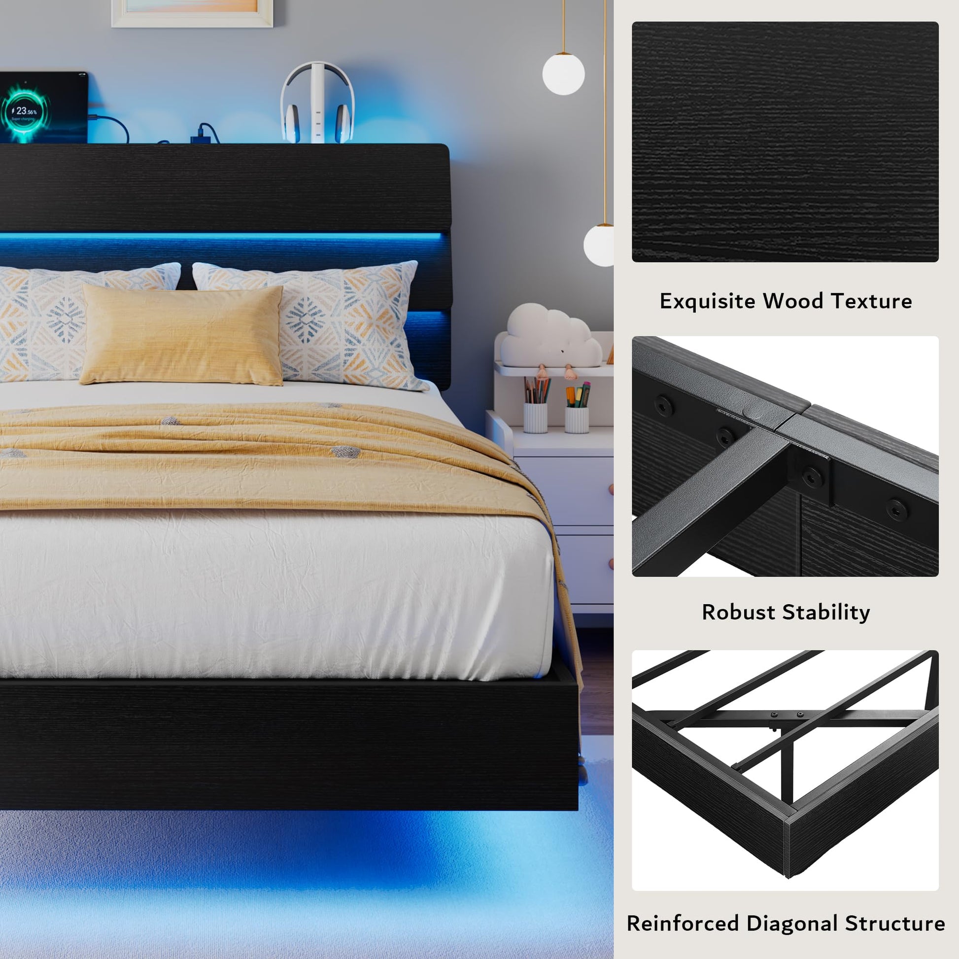 iPormis Floating Twin Bed Frame with LED Lights & Charging Station, Platform Bed with Wooden Storage Headboard, Steel Slats Support, No Box Spring Needed, Easy Assembly, Noise - Free, Black - FocusAid Essentials: Empowering ADHD Living