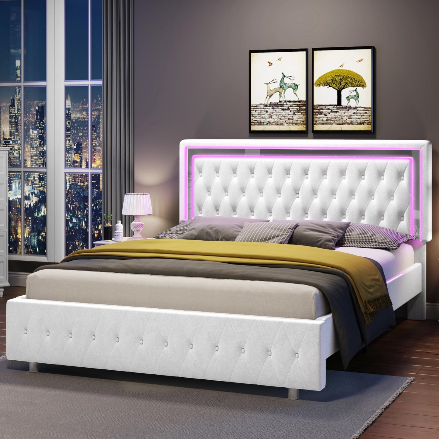 Jocisland Full Bed Frame with LED Lights Headboard&Footboard, Velvet Upholstered Full Size Platform Bed Frame No Box Spring Needed/White - FocusAid Essentials: Empowering ADHD Living