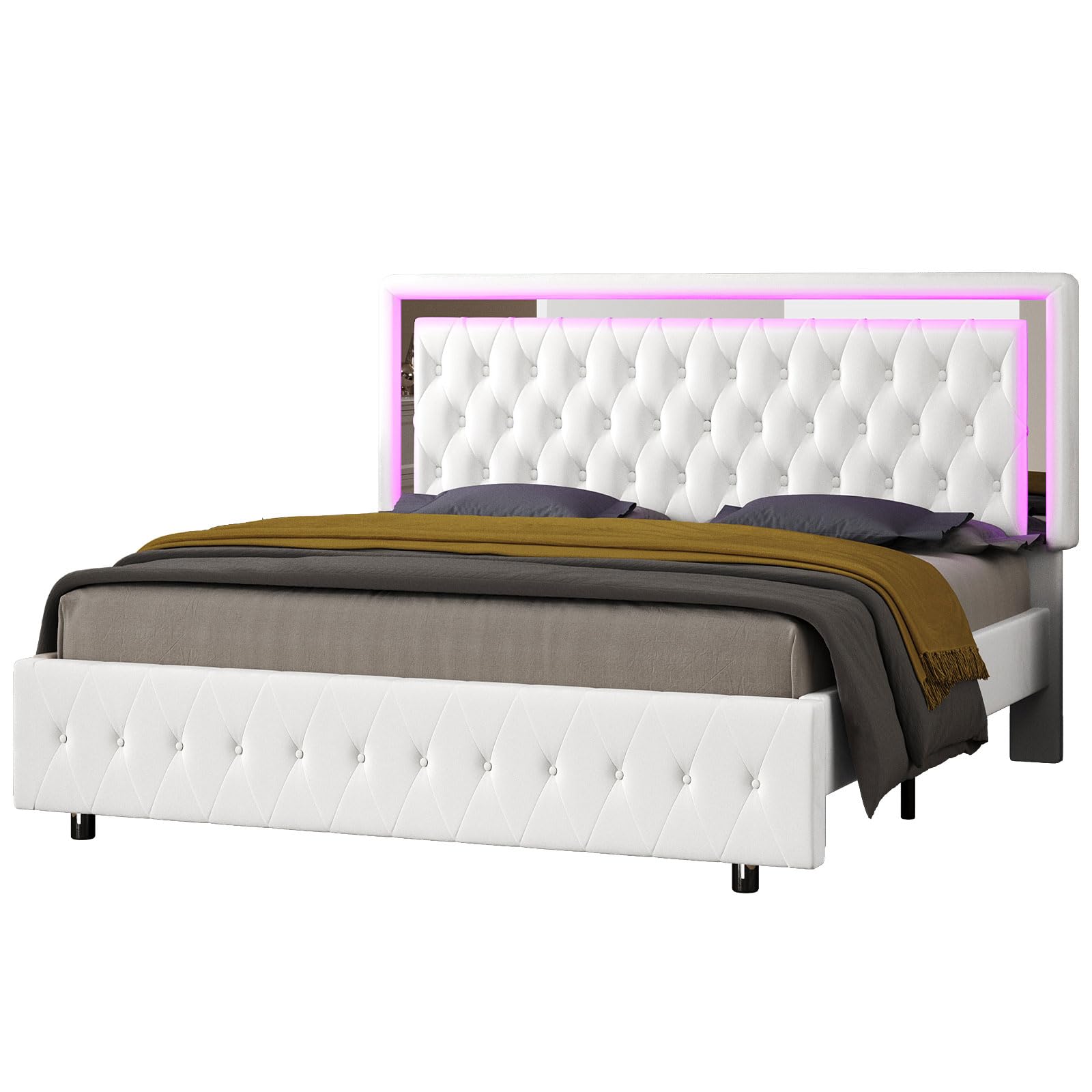 Jocisland Full Bed Frame with LED Lights Headboard&Footboard, Velvet Upholstered Full Size Platform Bed Frame No Box Spring Needed/White - FocusAid Essentials: Empowering ADHD Living