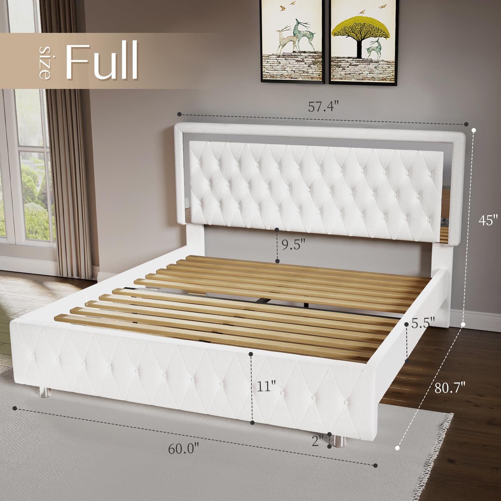 Jocisland Full Bed Frame with LED Lights Headboard&Footboard, Velvet Upholstered Full Size Platform Bed Frame No Box Spring Needed/White - FocusAid Essentials: Empowering ADHD Living