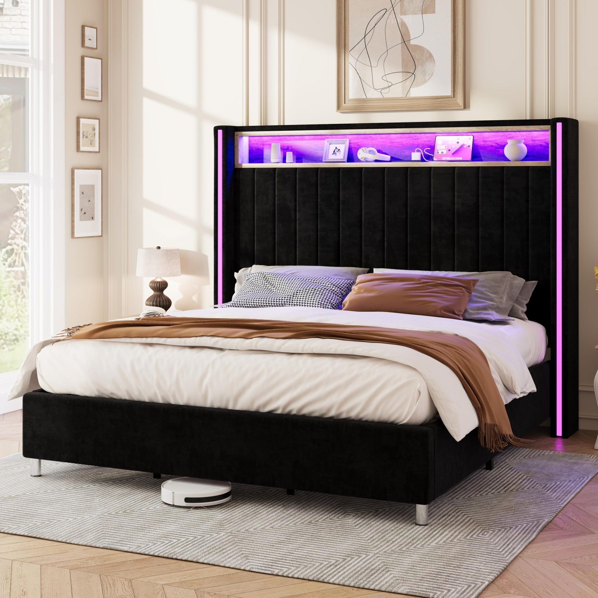 Jocisland King Size Bed Frame with LED Lights and Charging Station, Velvet Upholstered Platform Bed with 53" Tall Storage Headboard and Wingbacks, No Box Spring Needed, Black - FocusAid Essentials: Empowering ADHD Living