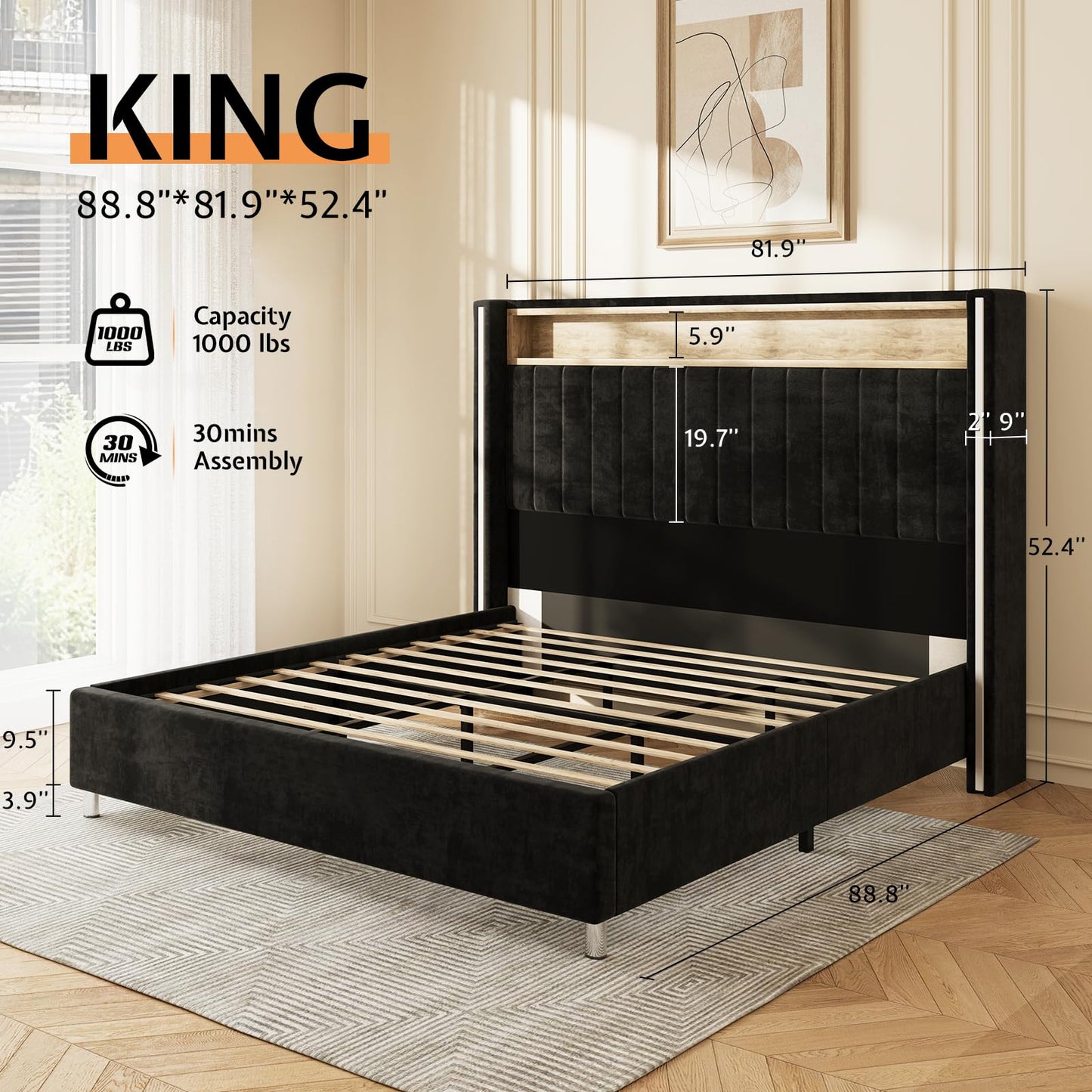 Jocisland King Size Bed Frame with LED Lights and Charging Station, Velvet Upholstered Platform Bed with 53" Tall Storage Headboard and Wingbacks, No Box Spring Needed, Black - FocusAid Essentials: Empowering ADHD Living