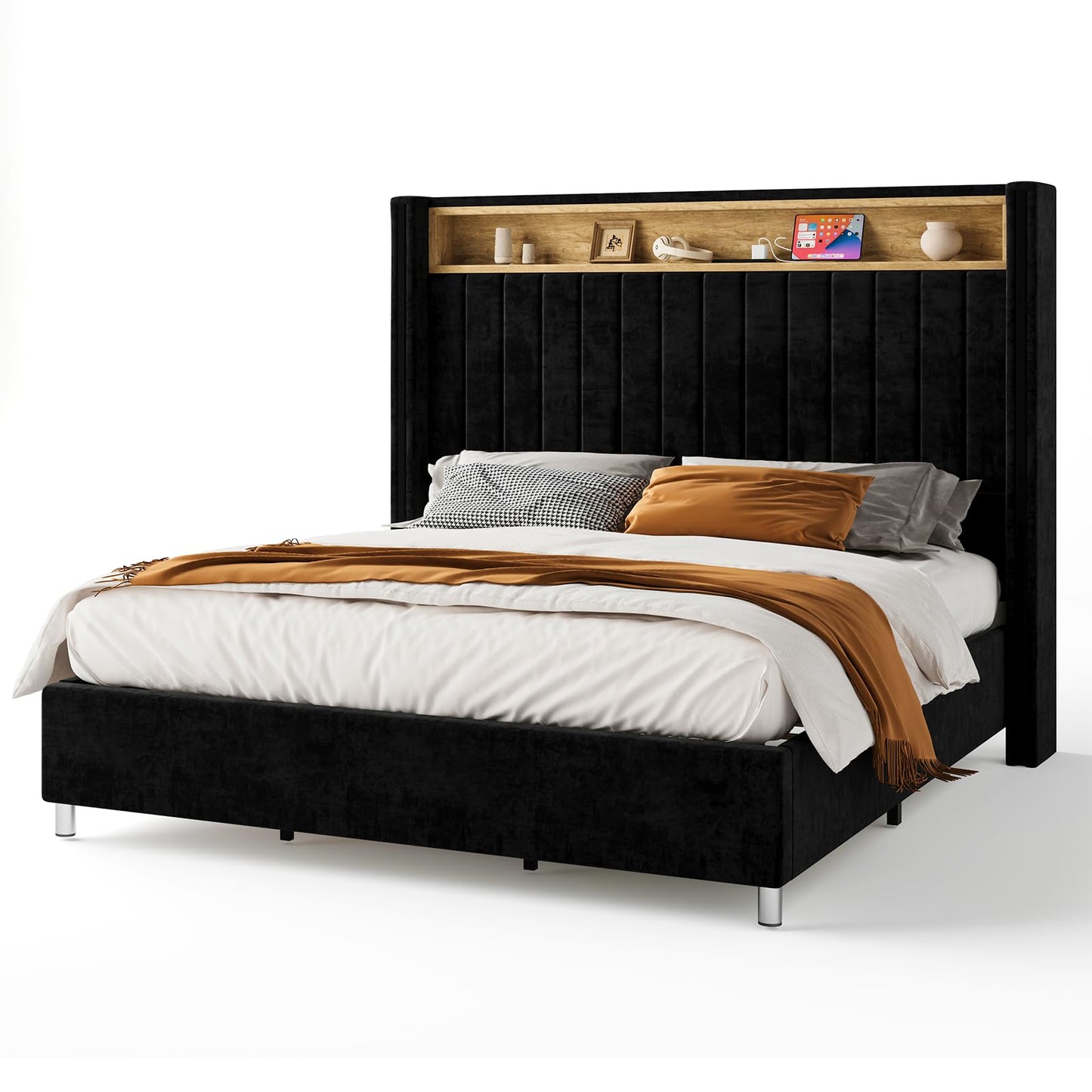 Jocisland King Size Bed Frame with LED Lights and Charging Station, Velvet Upholstered Platform Bed with 53" Tall Storage Headboard and Wingbacks, No Box Spring Needed, Black - FocusAid Essentials: Empowering ADHD Living