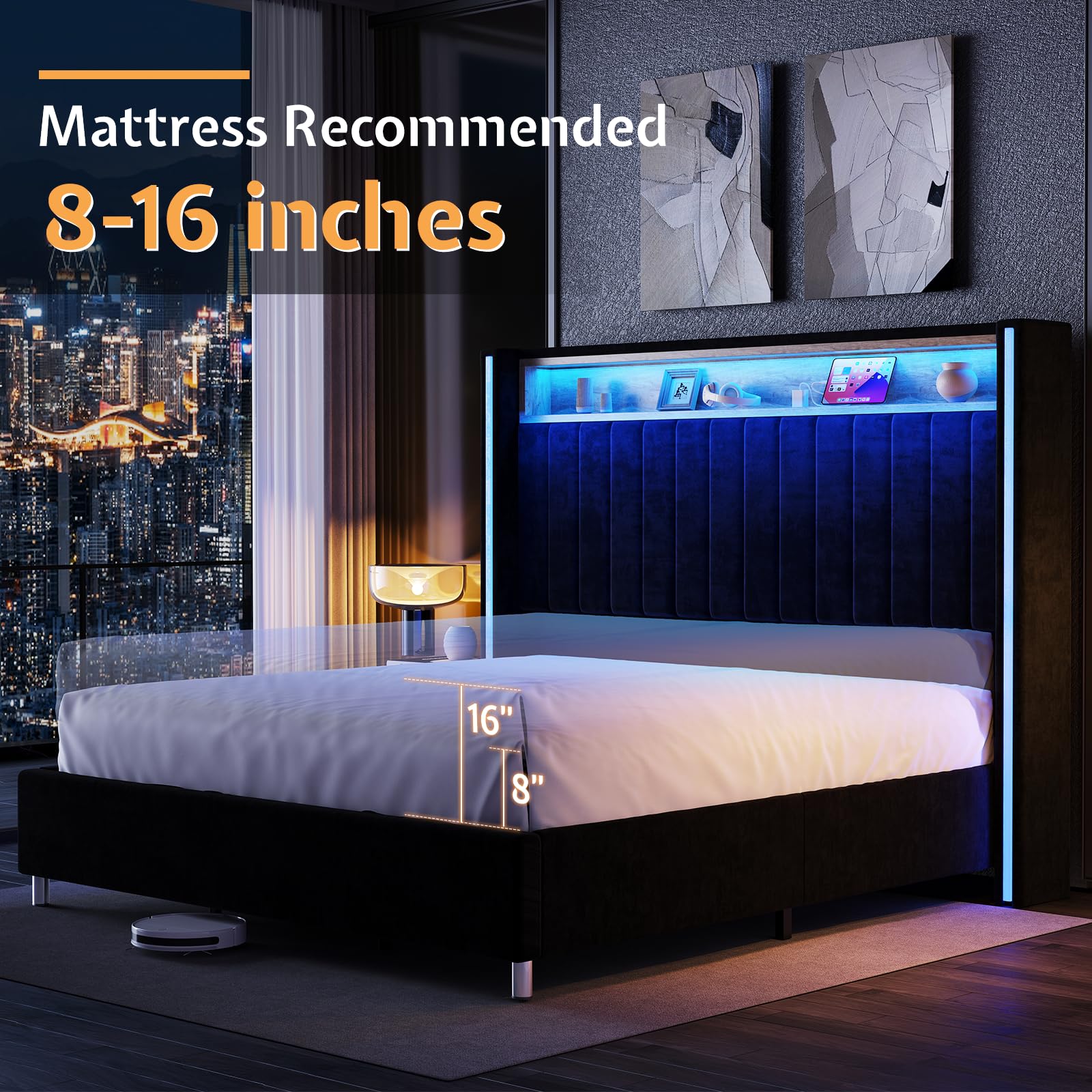 Jocisland King Size Bed Frame with LED Lights and Charging Station, Velvet Upholstered Platform Bed with 53" Tall Storage Headboard and Wingbacks, No Box Spring Needed, Black - FocusAid Essentials: Empowering ADHD Living