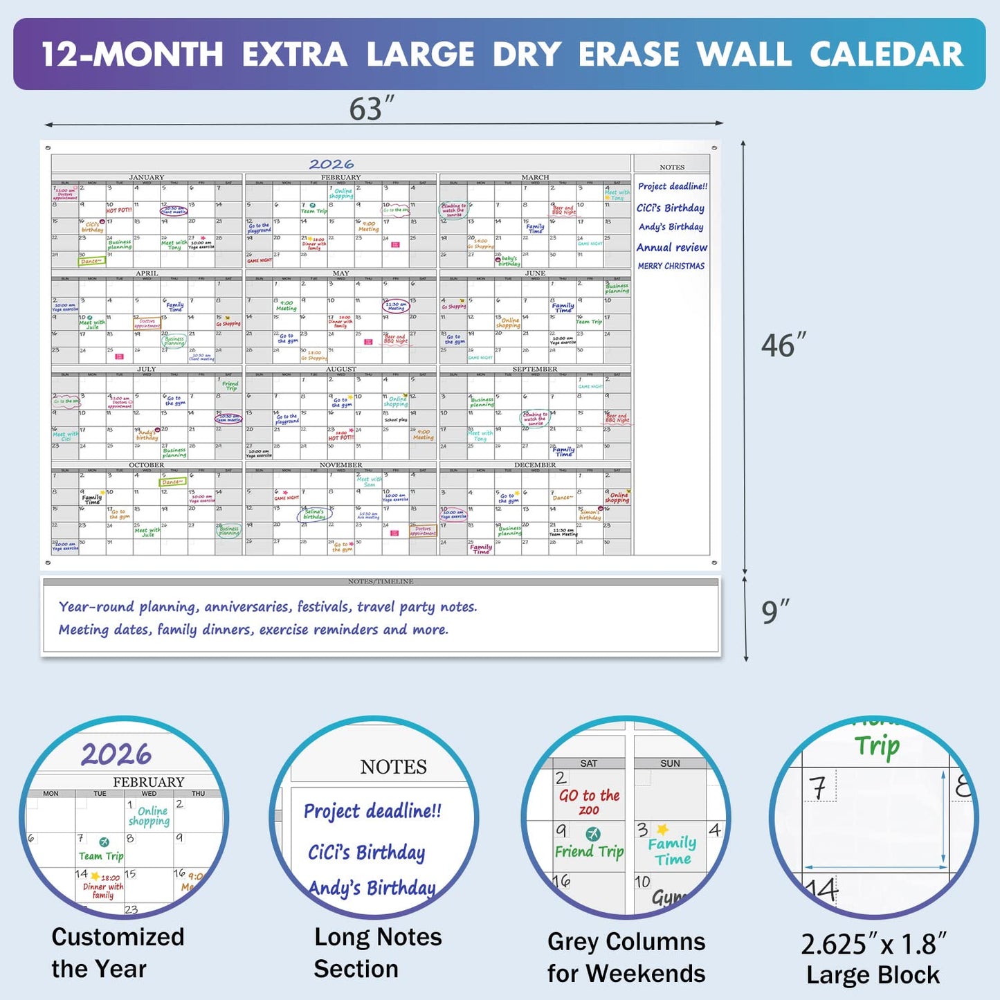 Jumbo Dry Erase Yearly Whiteboard Wall Calendar, 55" x 63", Huge 12 Month Laminated Erasable White Board, Giant Annual Family Schedule Planner, Large Undated Reusable Year Poster - FocusAid Essentials: Empowering ADHD Living