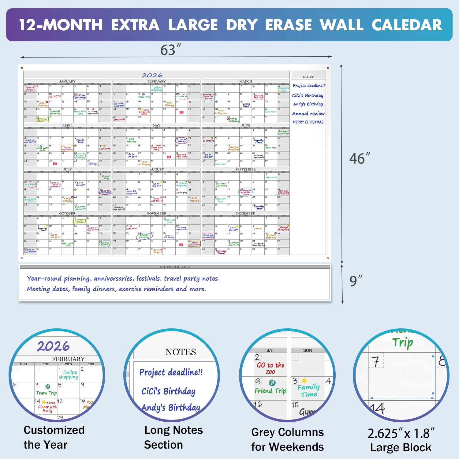 Jumbo Dry Erase Yearly Whiteboard Wall Calendar, 55" x 63", Huge 12 Month Laminated Erasable White Board, Giant Annual Family Schedule Planner, Large Undated Reusable Year Poster - FocusAid Essentials: Empowering ADHD Living