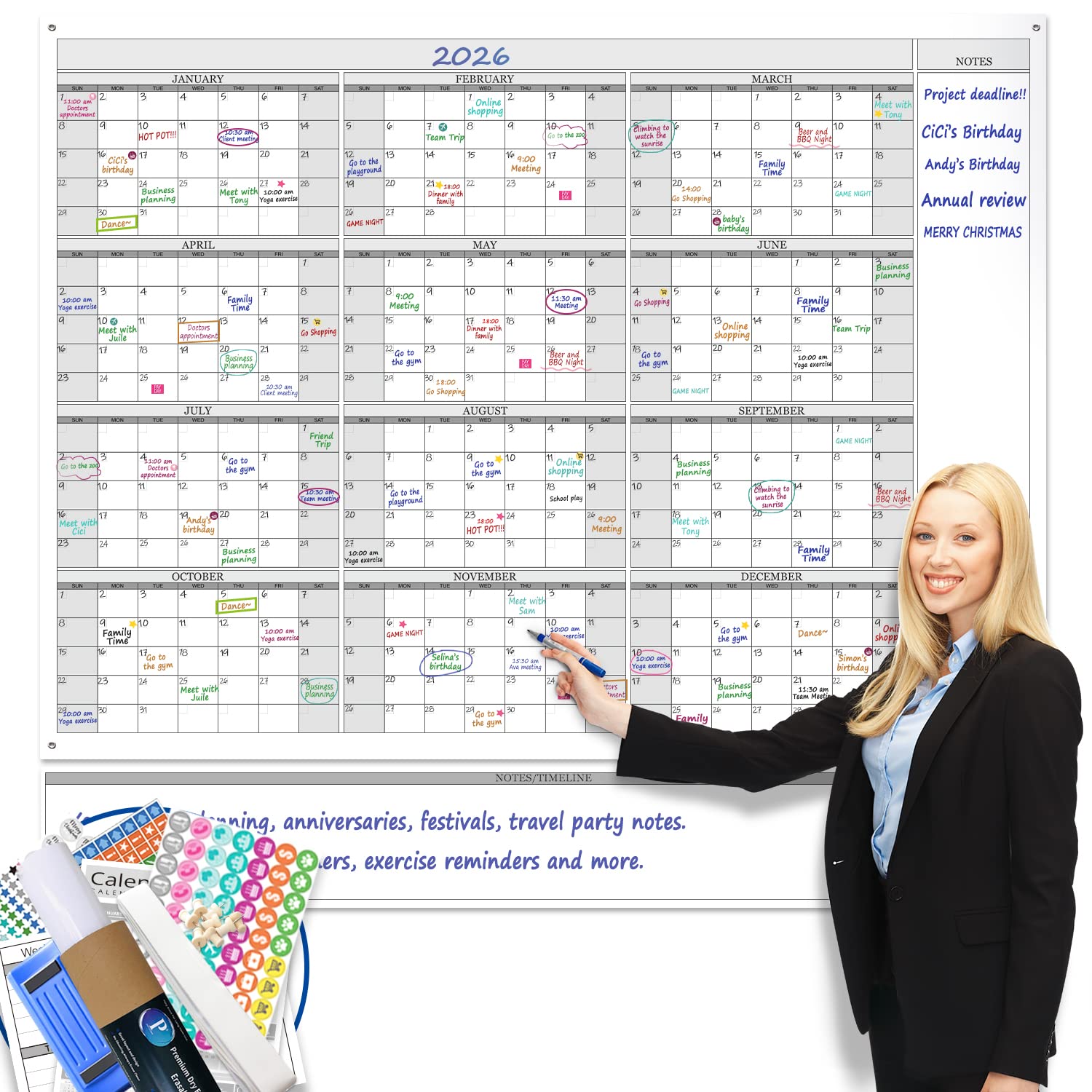 Jumbo Dry Erase Yearly Whiteboard Wall Calendar, 55" x 63", Huge 12 Month Laminated Erasable White Board, Giant Annual Family Schedule Planner, Large Undated Reusable Year Poster - FocusAid Essentials: Empowering ADHD Living