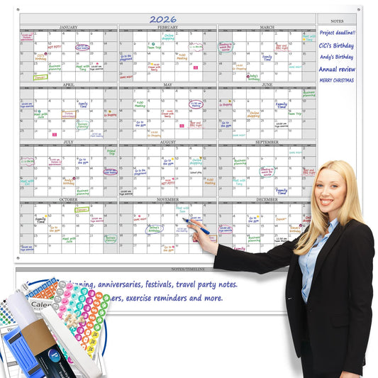 Jumbo Dry Erase Yearly Whiteboard Wall Calendar, 55" x 63", Huge 12 Month Laminated Erasable White Board, Giant Annual Family Schedule Planner, Large Undated Reusable Year Poster - FocusAid Essentials: Empowering ADHD Living