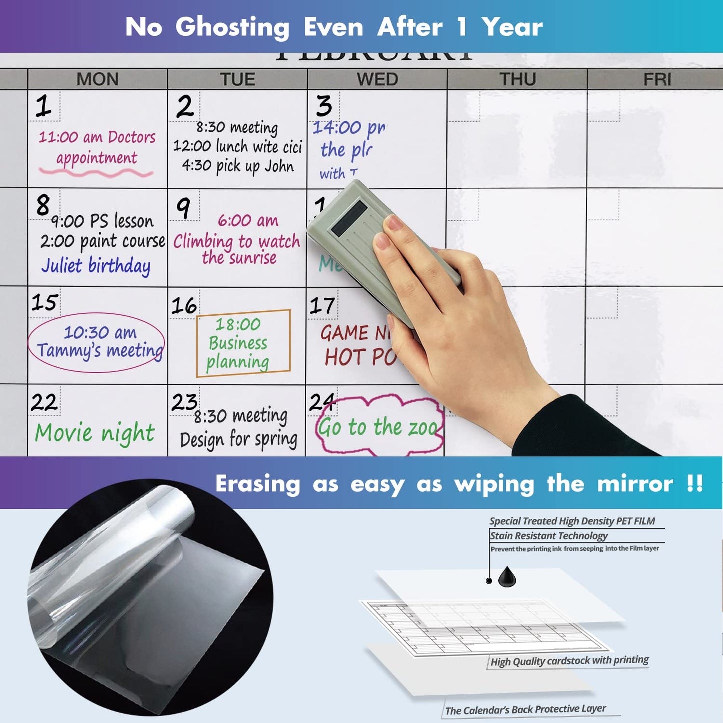 Jumbo Dry Erase Yearly Whiteboard Wall Calendar, 55" x 63", Huge 12 Month Laminated Erasable White Board, Giant Annual Family Schedule Planner, Large Undated Reusable Year Poster - FocusAid Essentials: Empowering ADHD Living