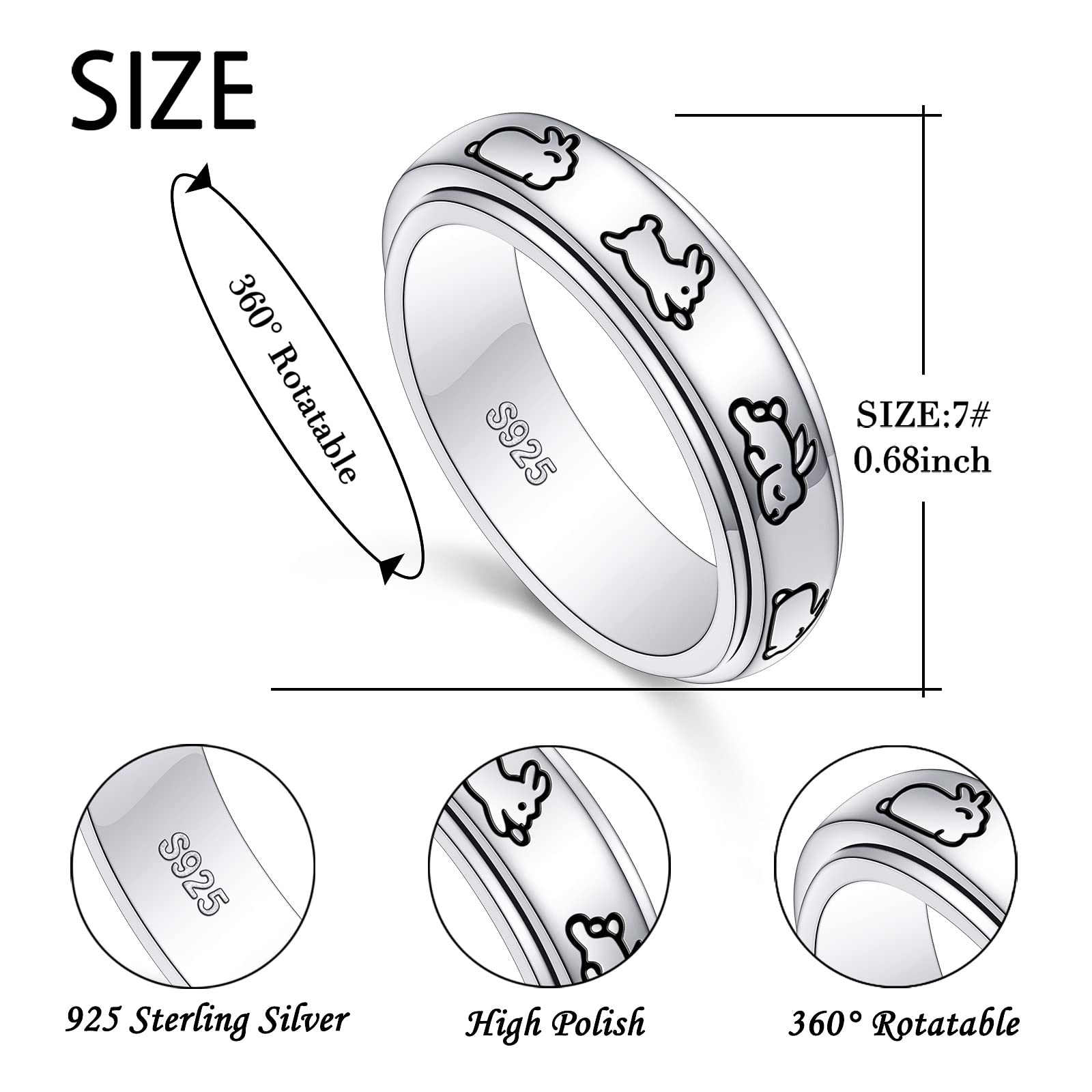 JZMSJF S925 Sterling Silver Bunny Spinner Rings for Anxiety Fidget Relief Boredom ADHD Autism Band Women Daughter Size 7 - FocusAid Essentials: Empowering ADHD Living