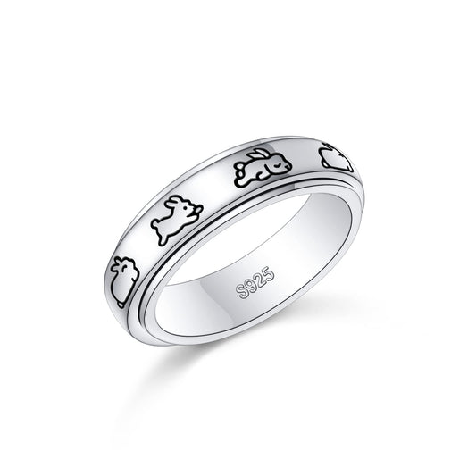 JZMSJF S925 Sterling Silver Bunny Spinner Rings for Anxiety Fidget Relief Boredom ADHD Autism Band Women Daughter Size 7 - FocusAid Essentials: Empowering ADHD Living