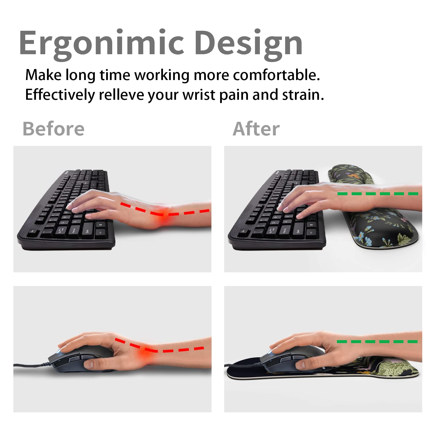 Keyboard Wrist Rest Support Ergonomic Mouse Pad Desk Memory Foam Keyboard Set Mousepad with Wrist Rest for Computer Keyboard Black Flower - FocusAid Essentials: Empowering ADHD Living