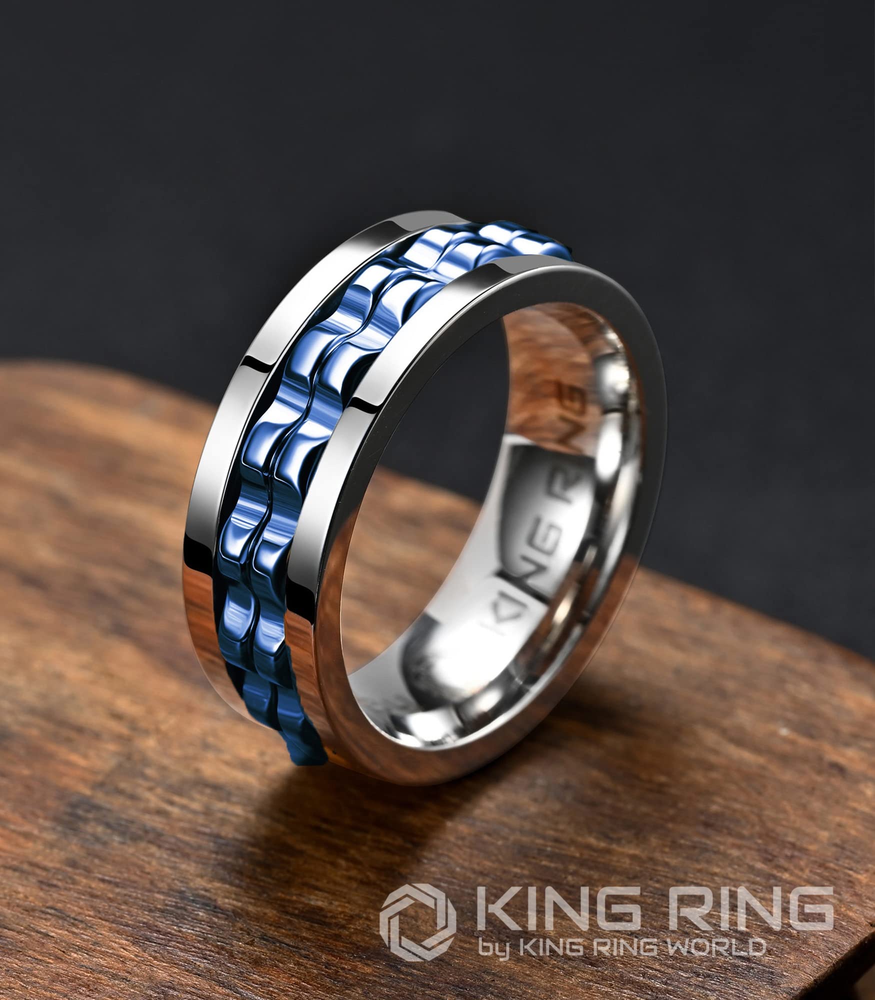 King Ring 8mm Gear Spinner Ring – Ultra Polished Fidget Ring for Men & Women Stainless Steel Ring K12 – Silver Blue 9 - FocusAid Essentials: Empowering ADHD Living