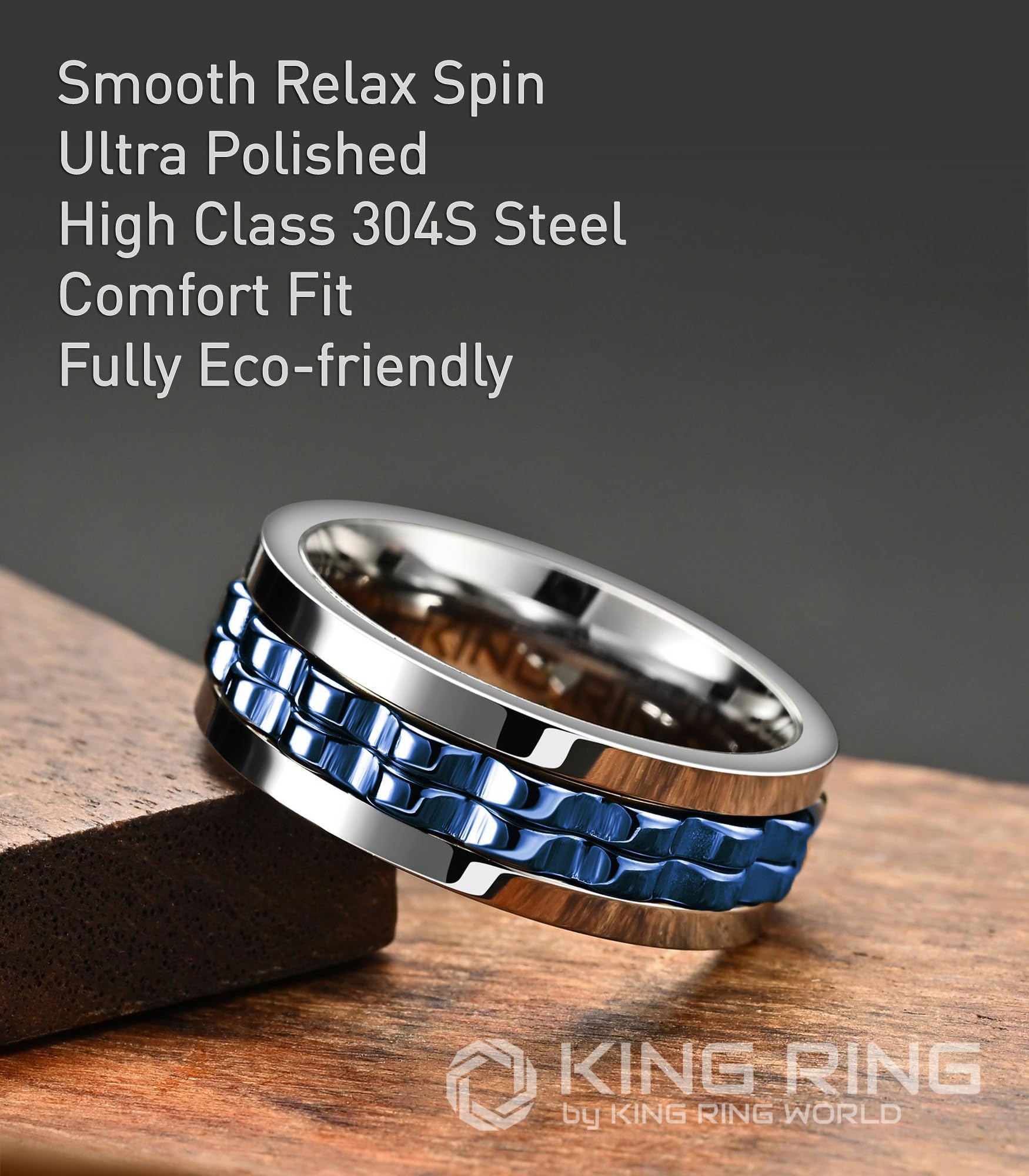 King Ring 8mm Gear Spinner Ring – Ultra Polished Fidget Ring for Men & Women Stainless Steel Ring K12 – Silver Blue 9 - FocusAid Essentials: Empowering ADHD Living