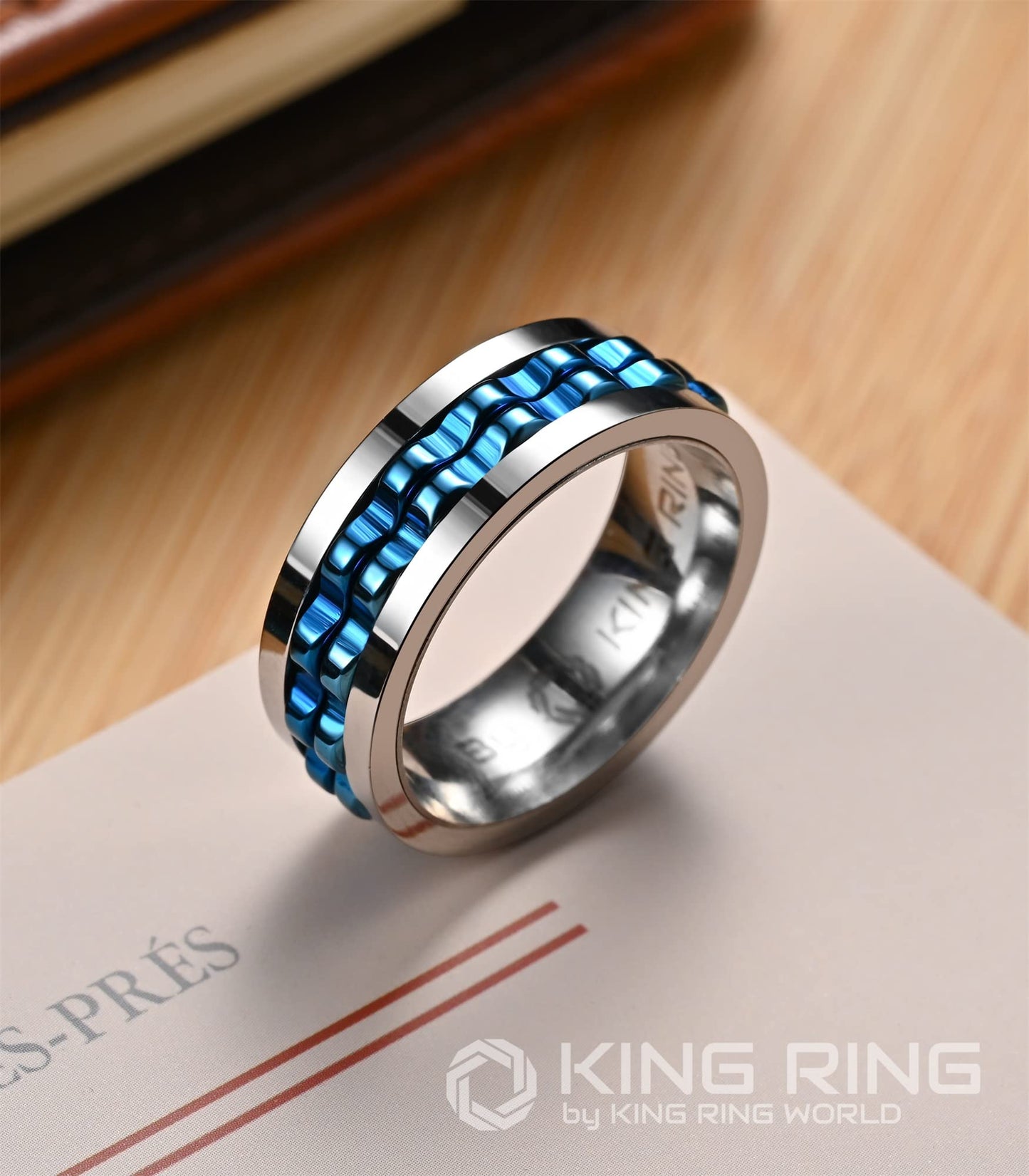 King Ring 8mm Gear Spinner Ring – Ultra Polished Fidget Ring for Men & Women Stainless Steel Ring K12 – Silver Blue 9 - FocusAid Essentials: Empowering ADHD Living