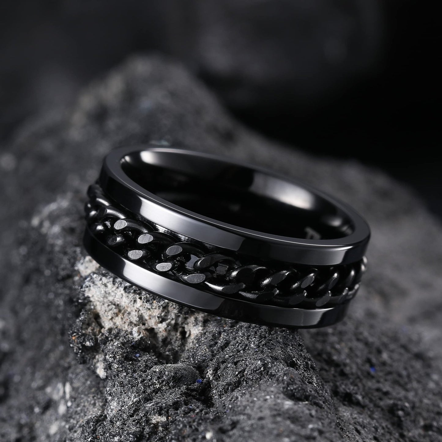 King Will 8mm Black Spinner Ring Stainless Steel Fidget Ring Anxiety Ring For Men Curb Chain Inlay 12 - FocusAid Essentials: Empowering ADHD Living