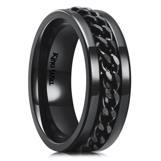 King Will 8mm Black Spinner Ring Stainless Steel Fidget Ring Anxiety Ring For Men Curb Chain Inlay 12 - FocusAid Essentials: Empowering ADHD Living