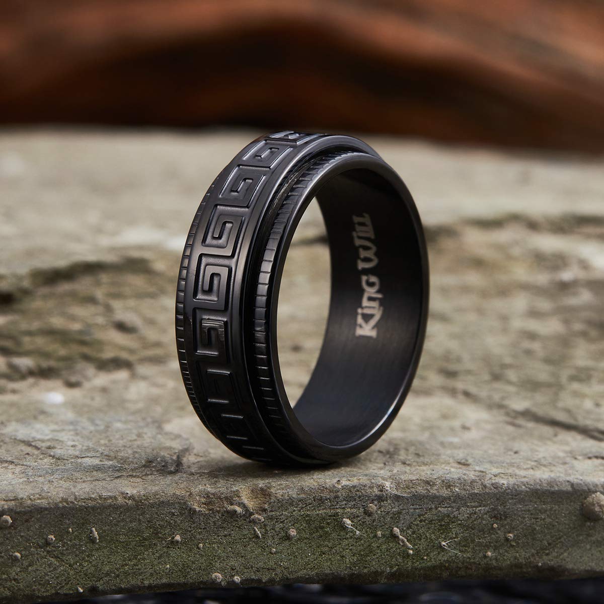 King Will 8mm Black Spinner Stainless Steel Ring Fidget Ring Anxiety Ring for Men Greek Key Pattern - FocusAid Essentials: Empowering ADHD Living