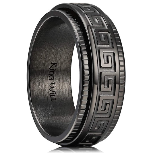 King Will 8mm Black Spinner Stainless Steel Ring Fidget Ring Anxiety Ring for Men Greek Key Pattern - FocusAid Essentials: Empowering ADHD Living